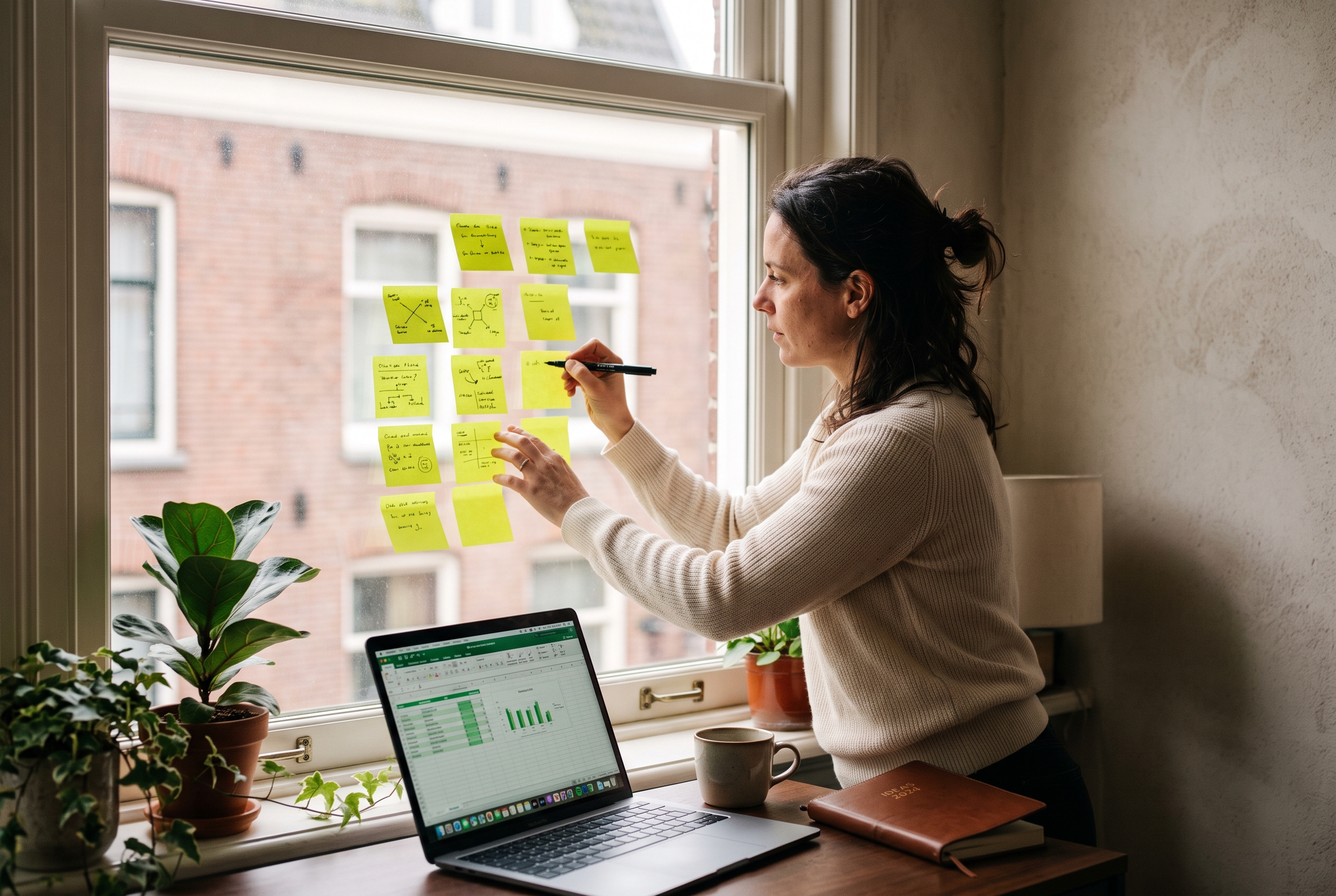 Founder writing product ideas on sticky notes stuck to a window in a bright home office