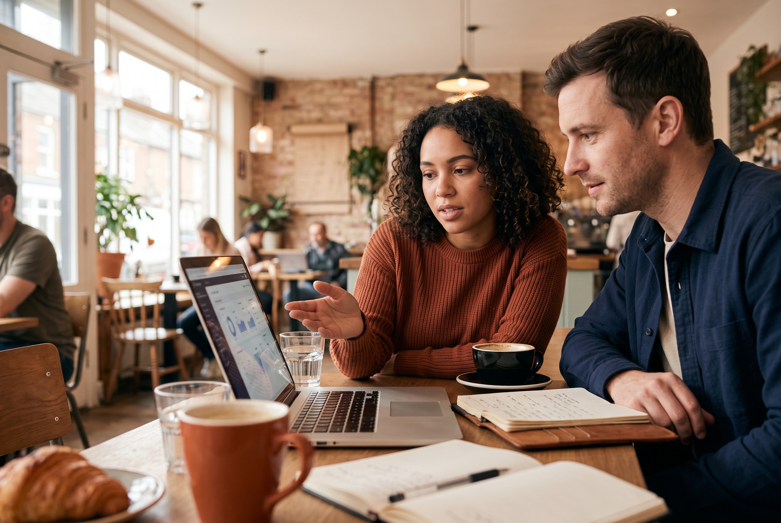 Two people comparing e-commerce options on a laptop at a cafe table with coffee cups and a notebook