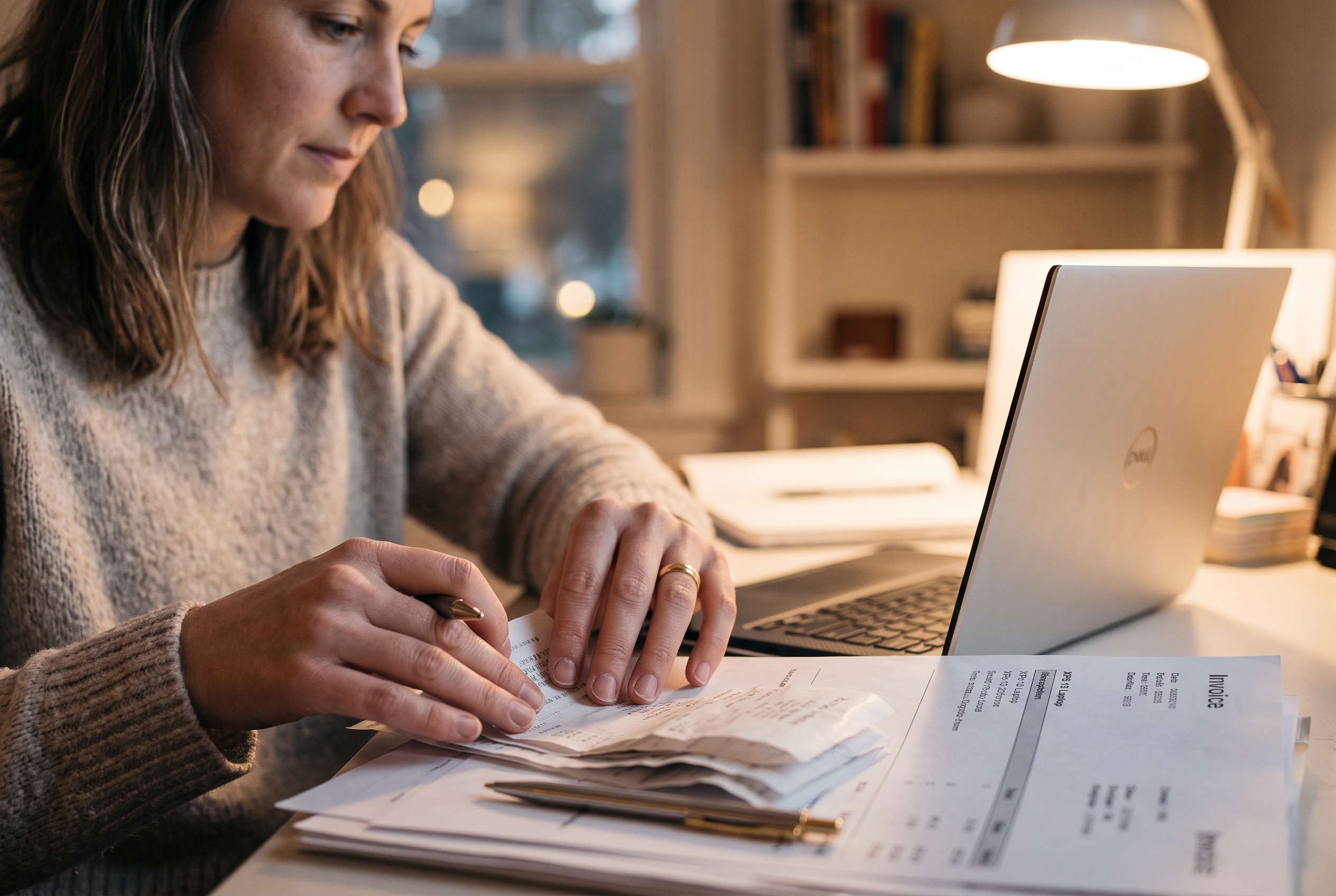 Small business owner reviewing a stack of receipts and a laptop invoice at a desk in the evening
