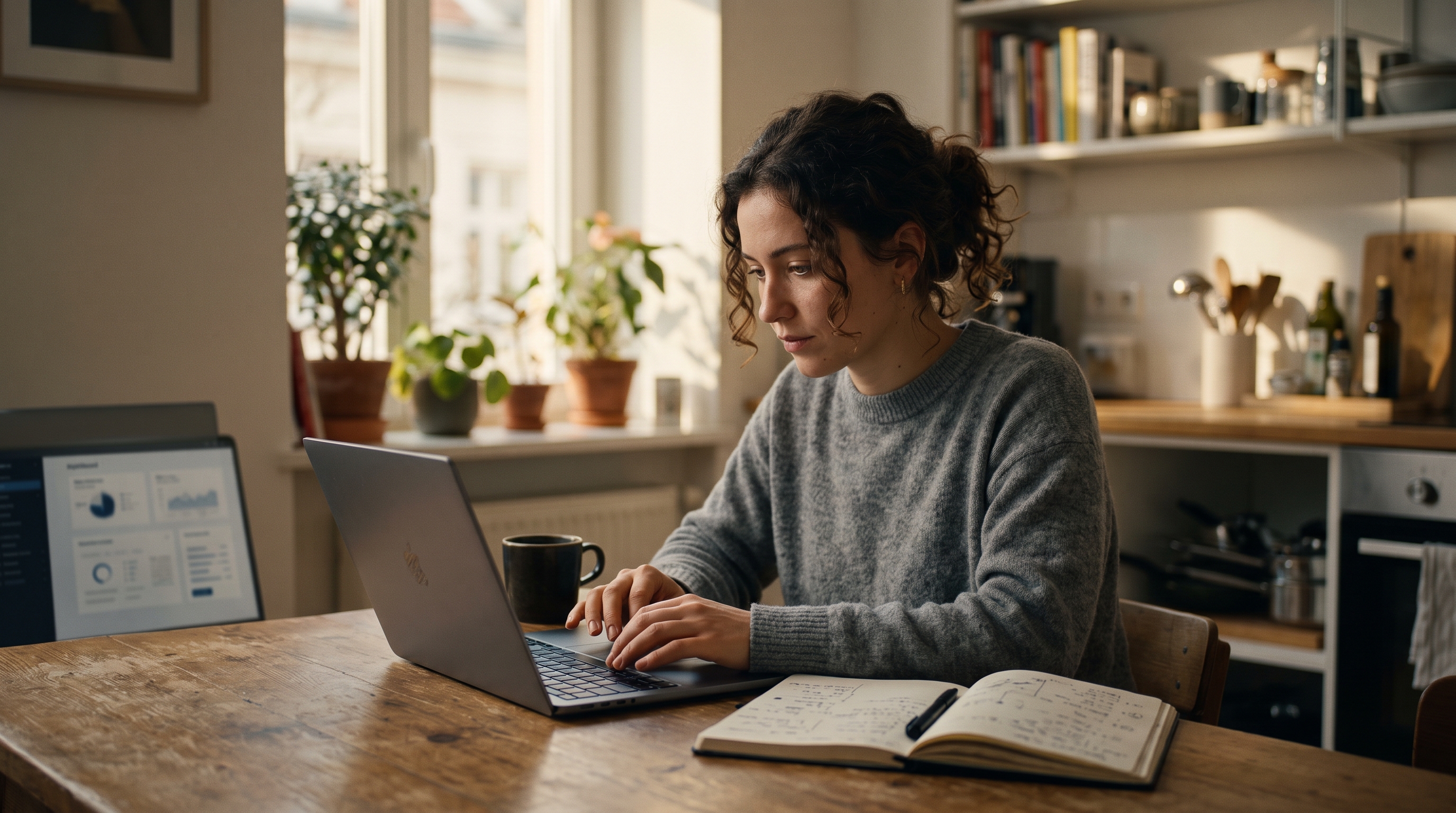 Young entrepreneur working on a laptop at a kitchen table with a coffee mug and notebook in a sunlit apartment