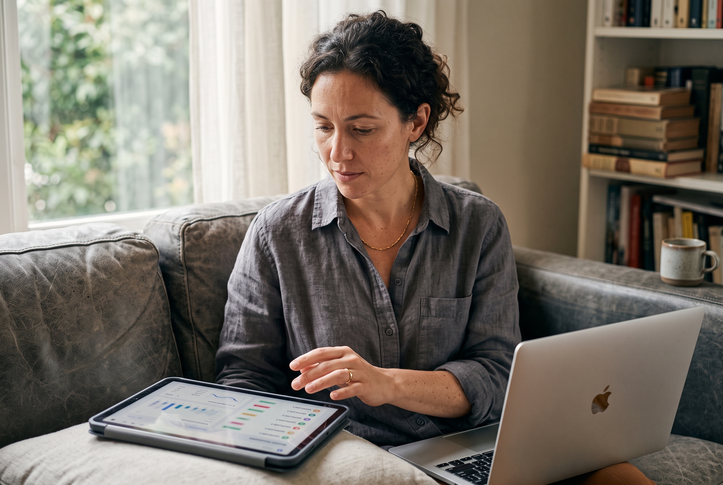 Small business owner reviewing supplier options on a tablet while sitting on a couch with a laptop nearby
