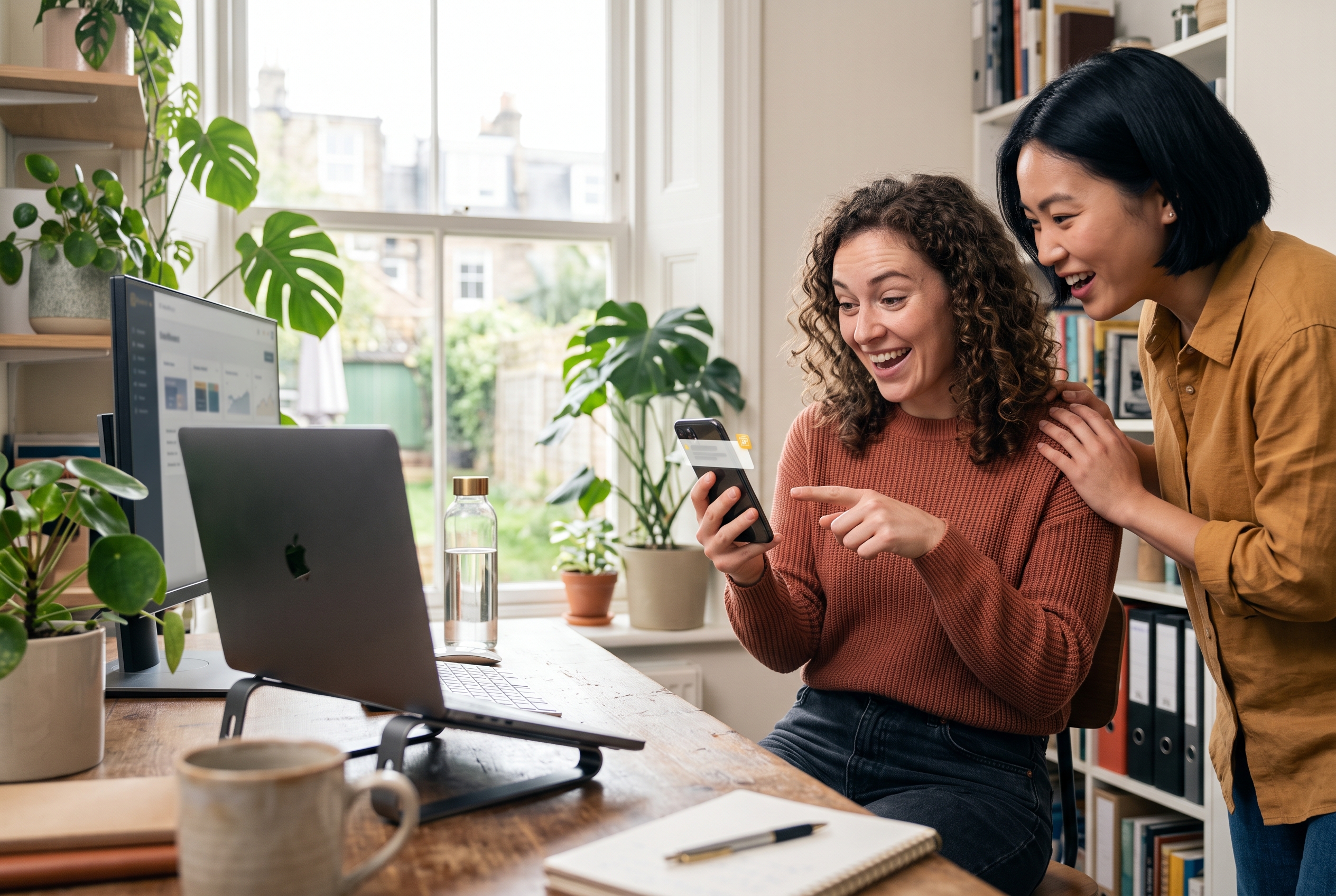 Two friends celebrating a first online sale notification on a phone in a home office with plants and a bright window