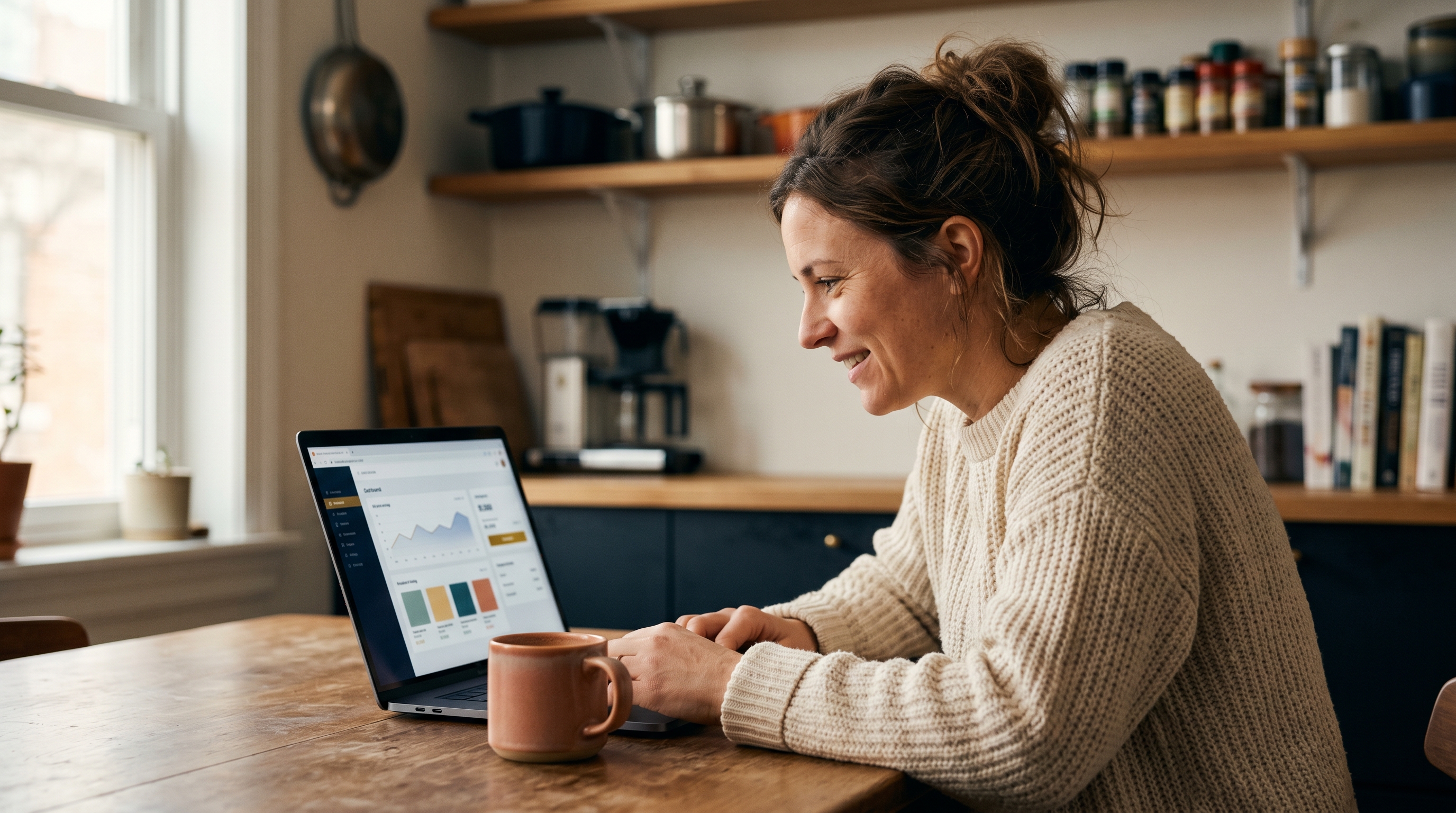 Small business owner sitting at a kitchen table watching their first online store appear on a laptop with a coffee cup beside them