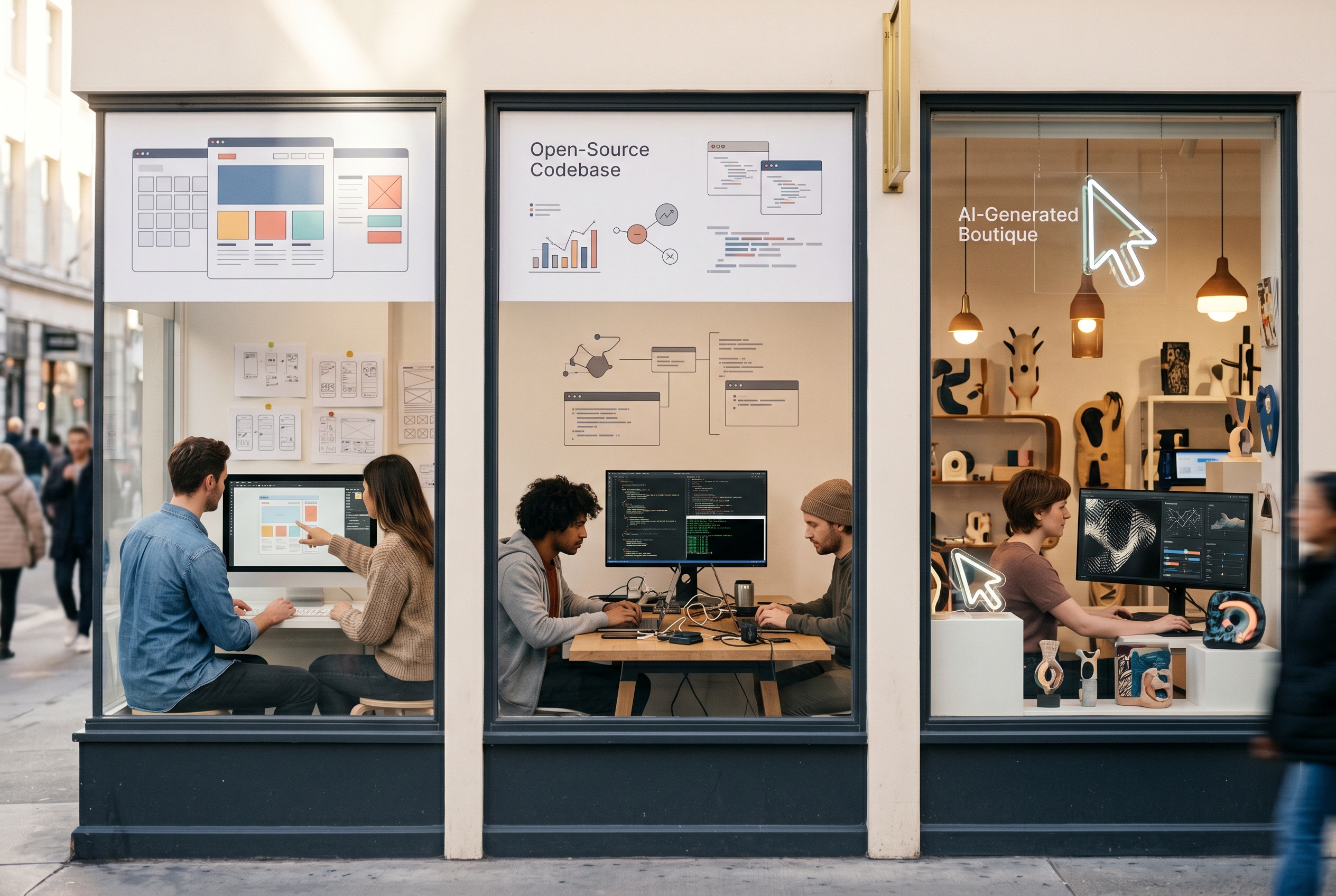 Three storefronts side by side showing a template builder, an open-source codebase, and an AI-generated boutique with a glowing cursor