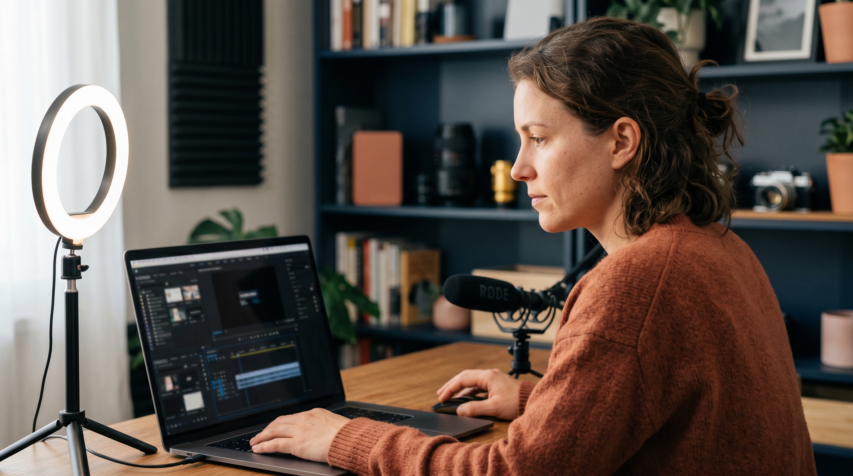 Course creator filming a tutorial at a desk with a ring light and laptop showing video editing software