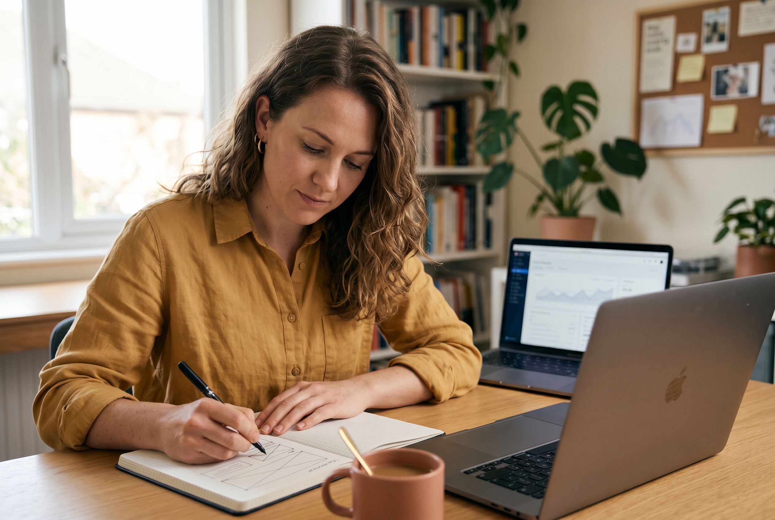 Small business owner sketching a website layout on paper next to an open laptop in a bright home office