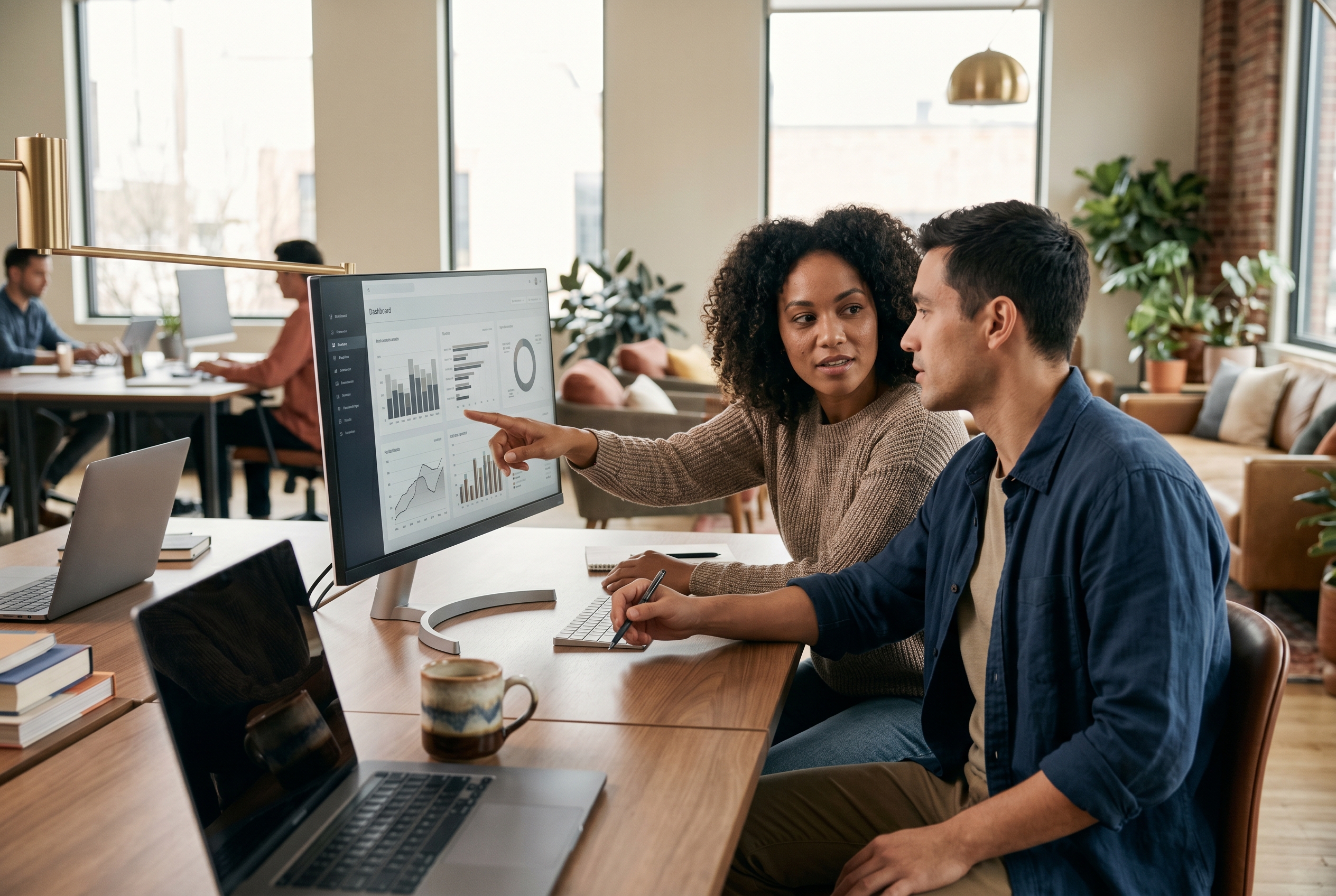 Two people comparing software options on a wide monitor at a shared desk in a modern coworking space