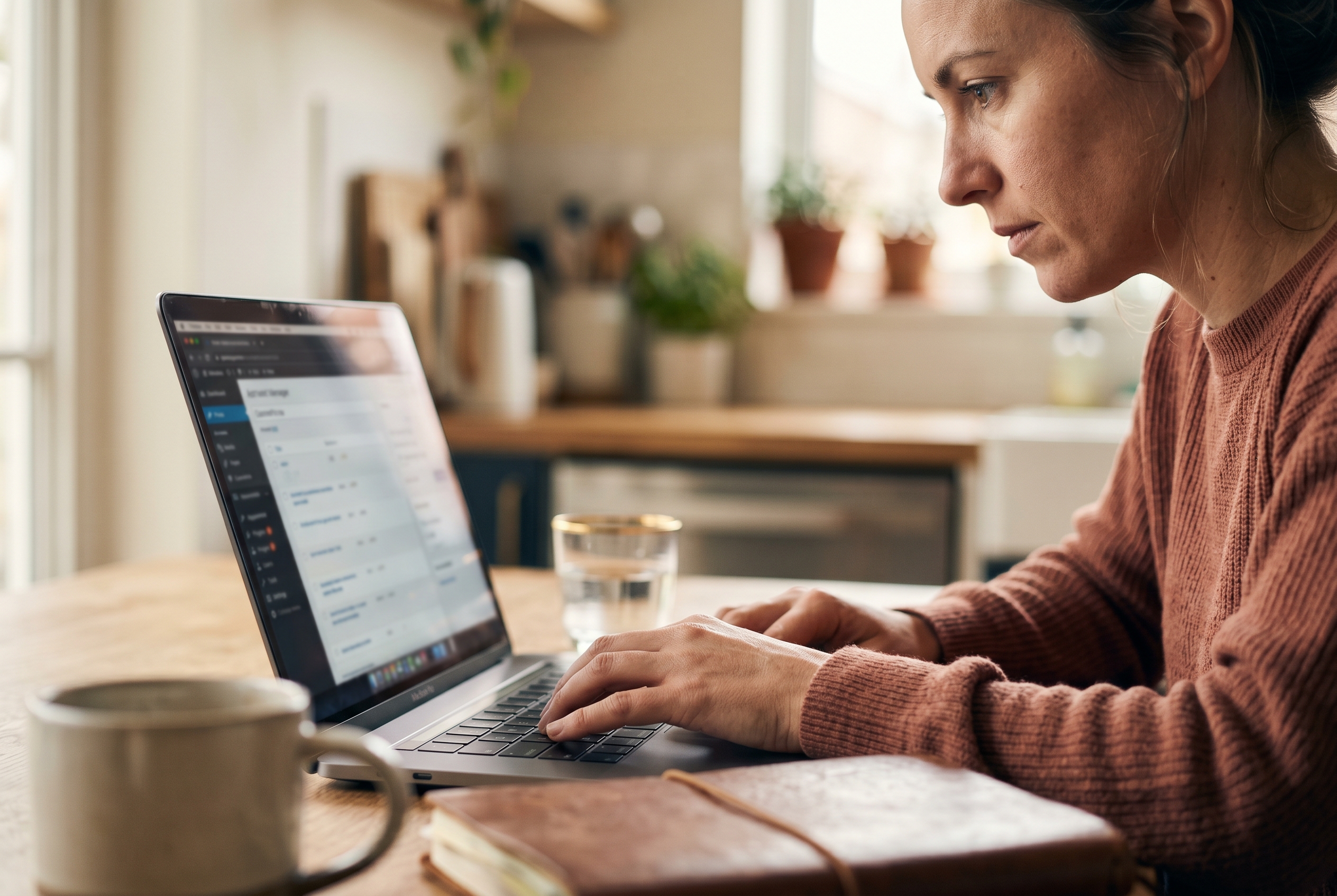 Founder typing a description of her business into a laptop at a kitchen table with coffee and notebooks nearby