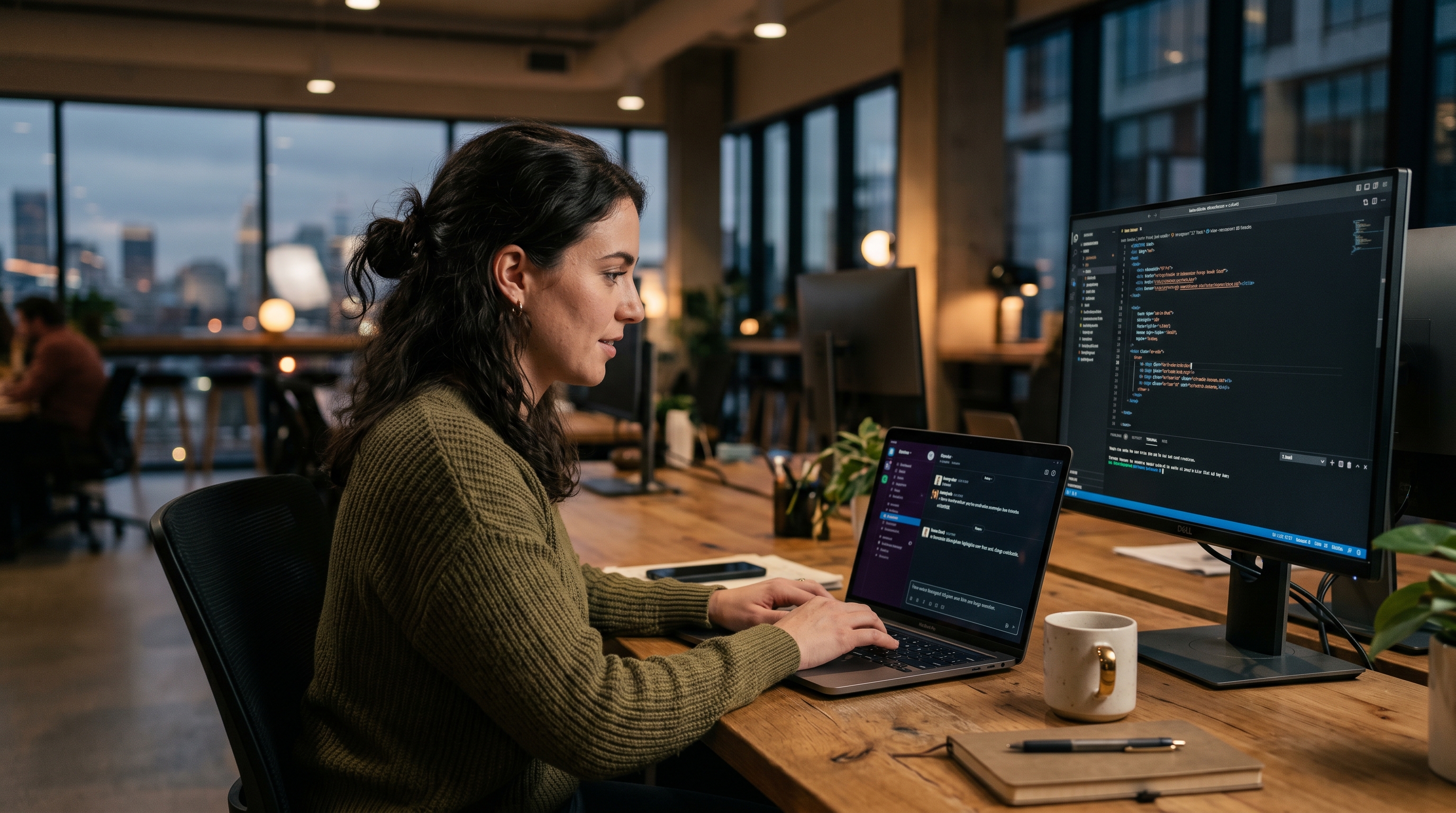 Person sitting at a desk typing a website description into a glowing chat window with code appearing on a second monitor