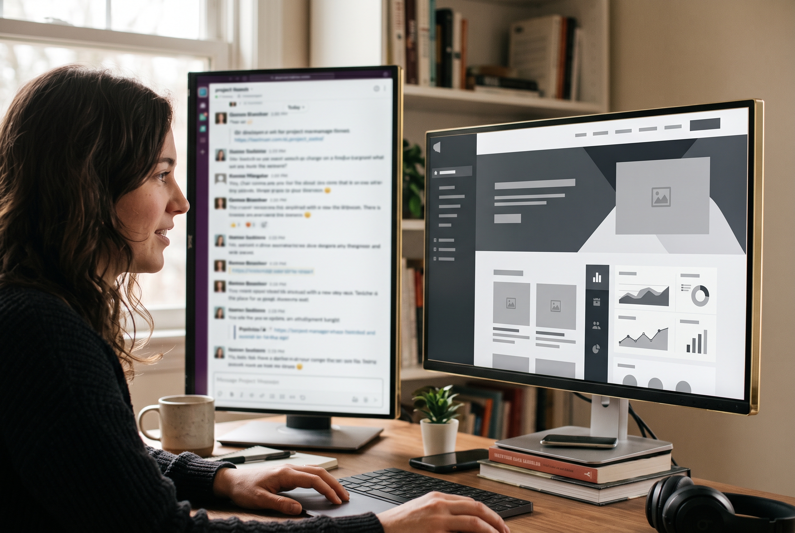 Split screen showing a chat conversation on the left and a finished modern website rendering on the right