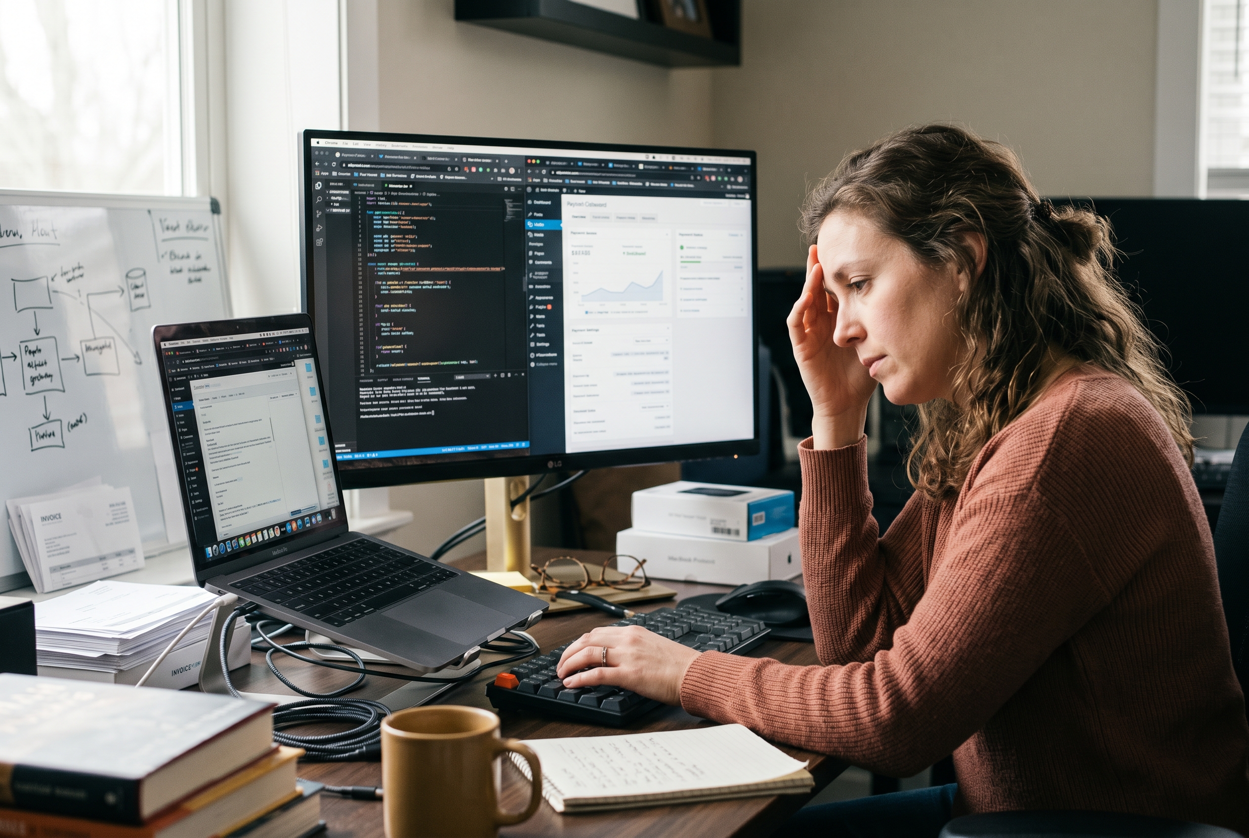 Small business owner overwhelmed by browser tabs showing plugins payment gateways and code editors stacked across the screen