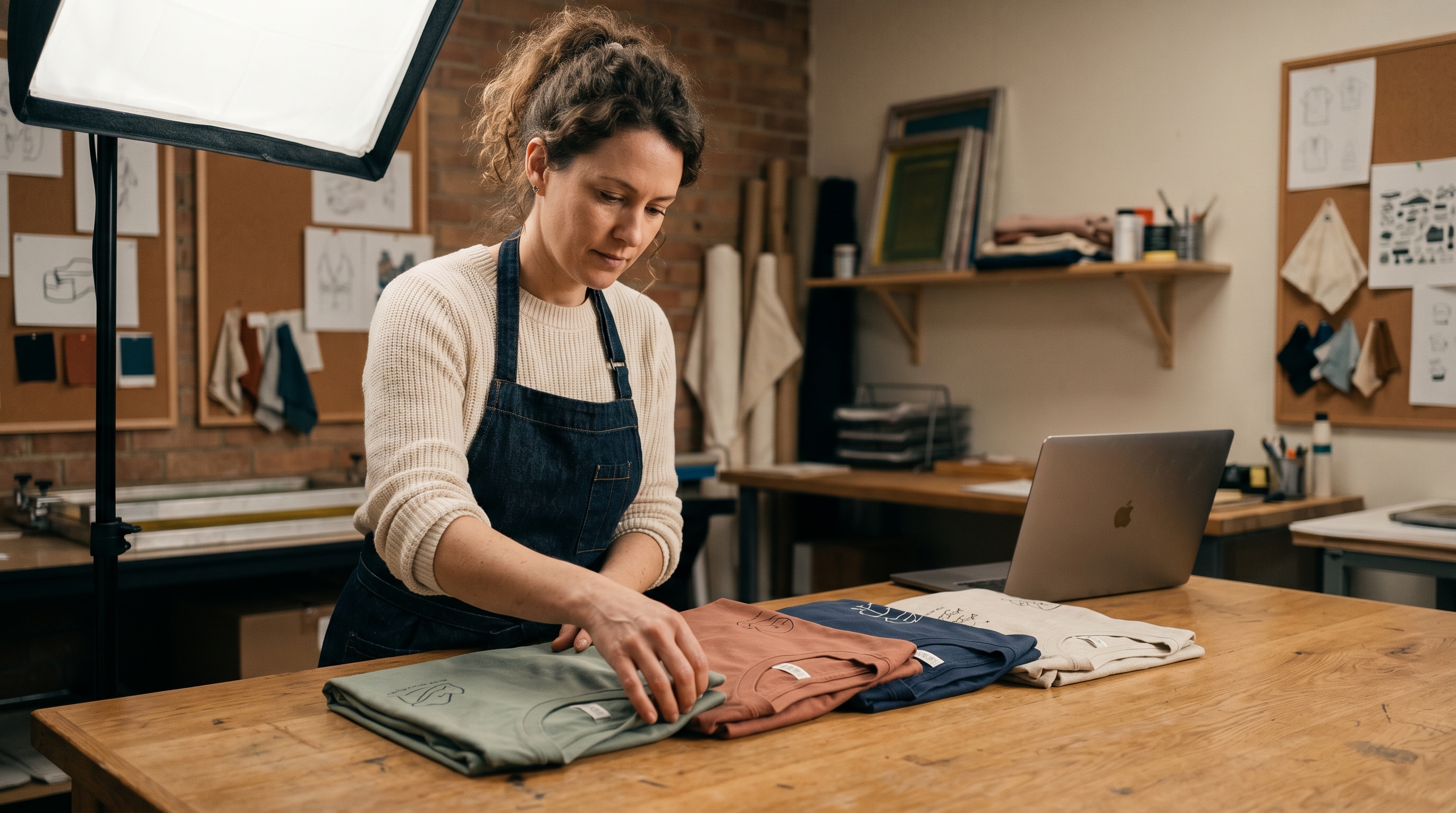 Small apparel business owner photographing folded custom t-shirts on a wooden table under a softbox light