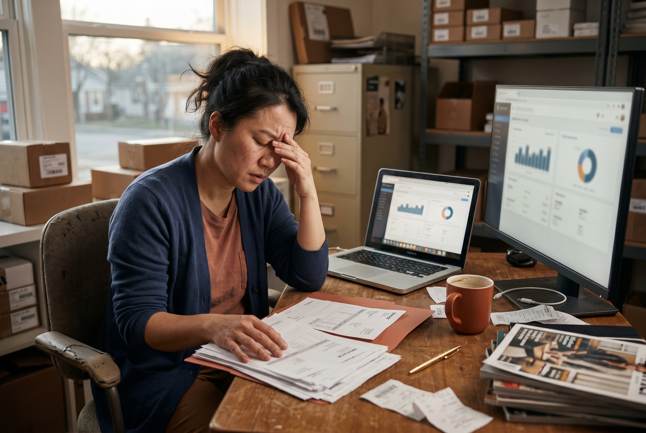 Frustrated store owner reviewing a stack of app subscription invoices at a cluttered desk with two monitors