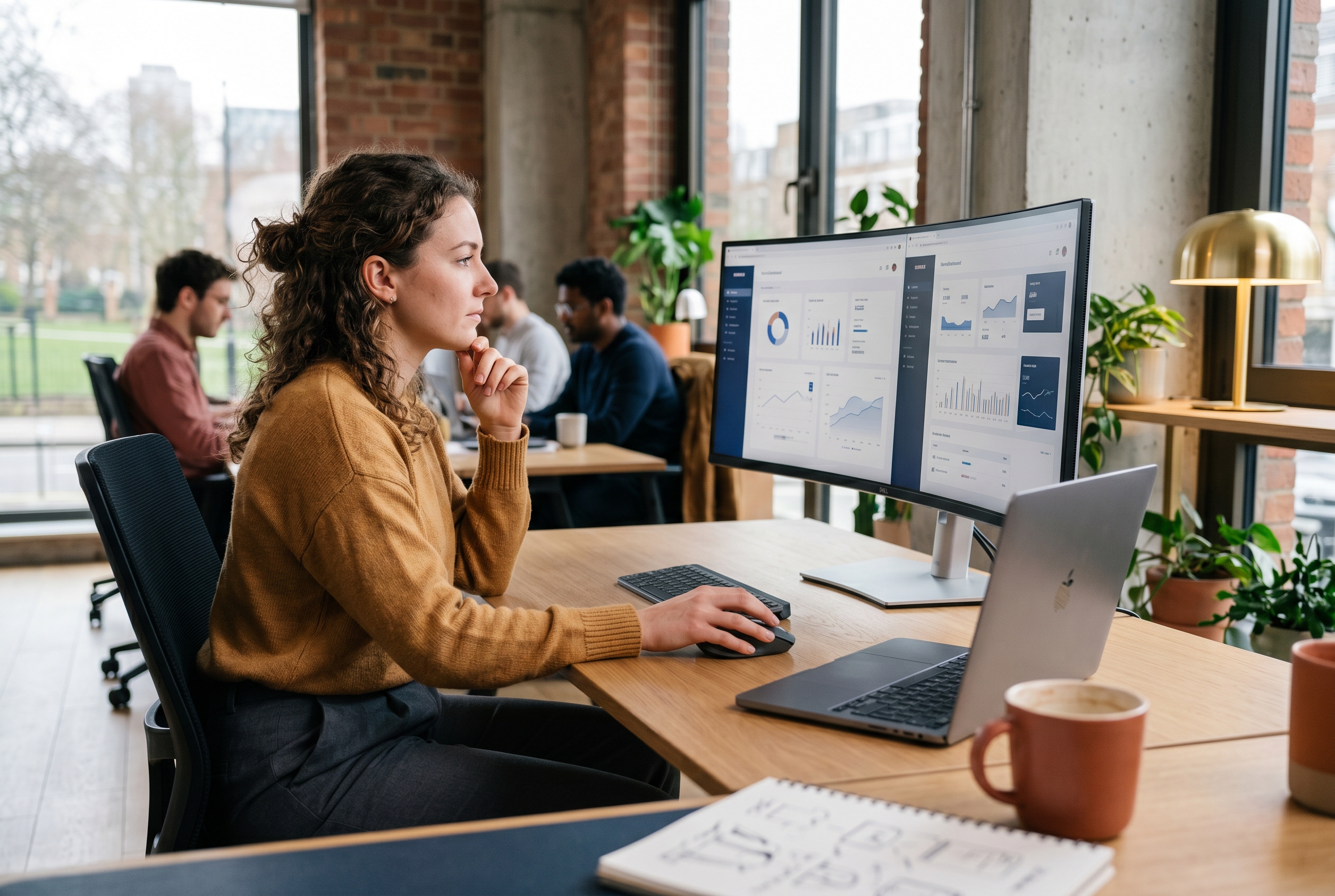 Designer comparing two store dashboards side by side on a wide monitor in a bright modern studio