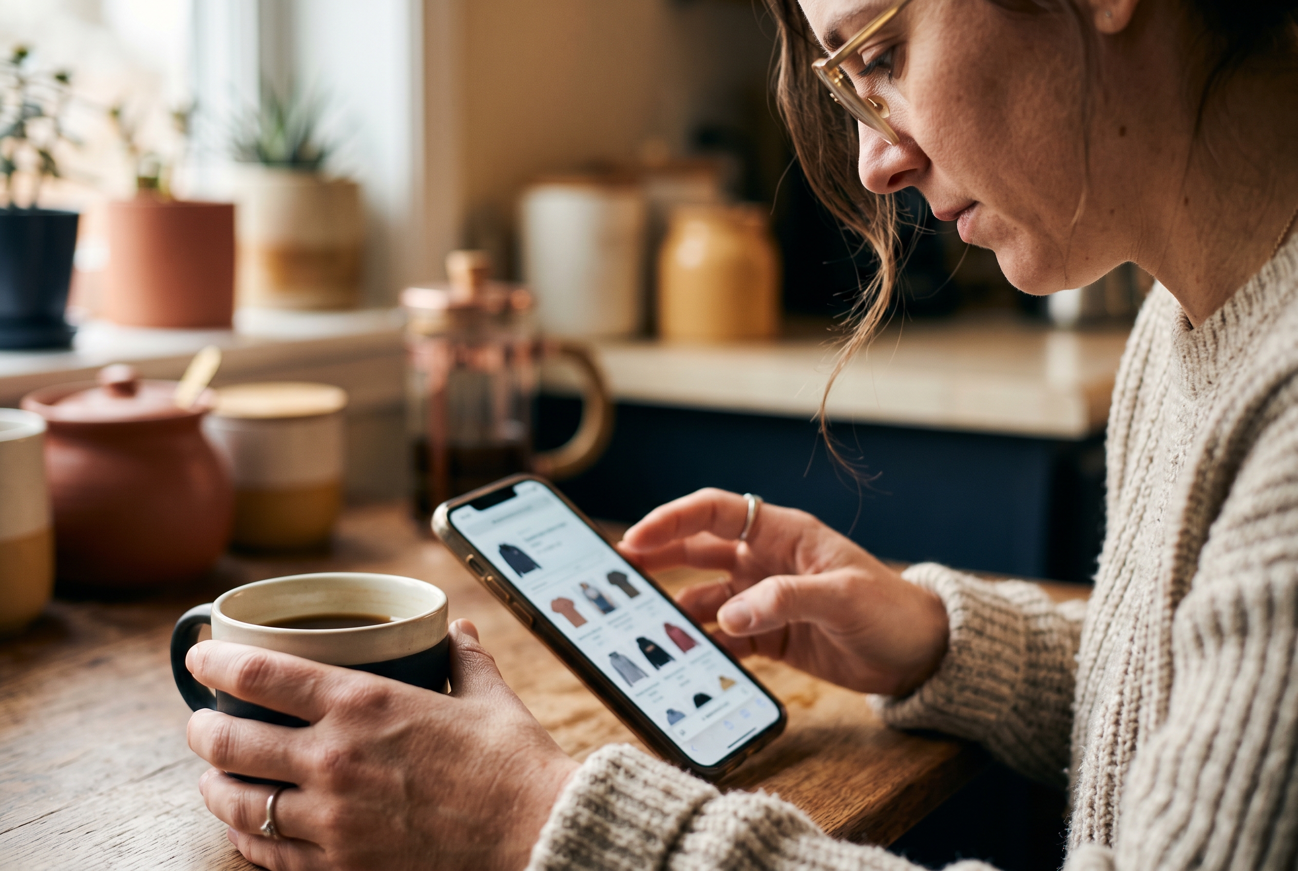 Founder testing a custom apparel product page on her phone over morning coffee in a sunlit kitchen