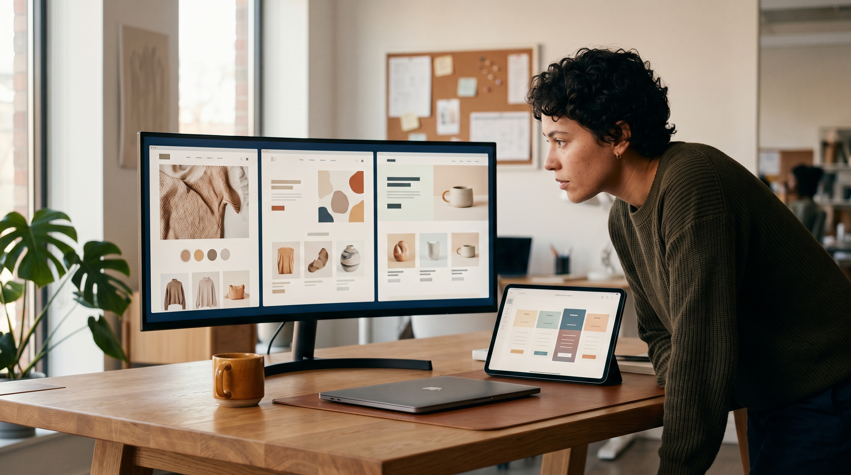 Founder reviewing three different ecommerce store designs on a large monitor while comparing pricing on a tablet beside it