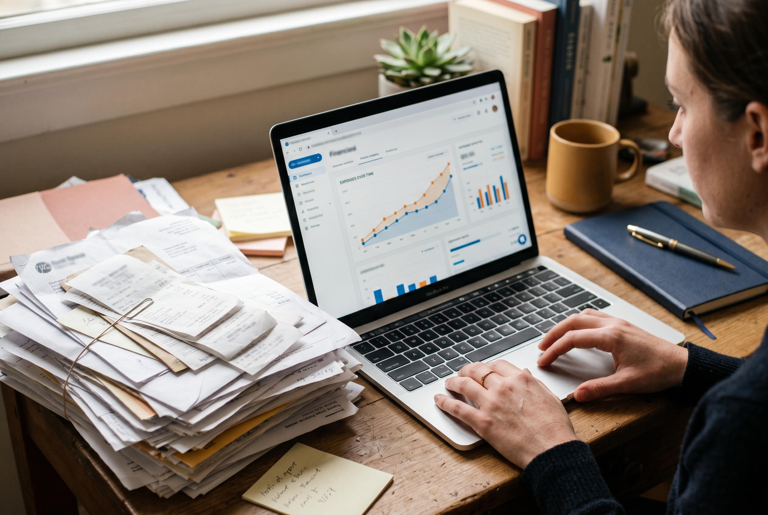 Stack of invoices and receipts piled on a desk next to a laptop showing a dashboard with rising costs over time