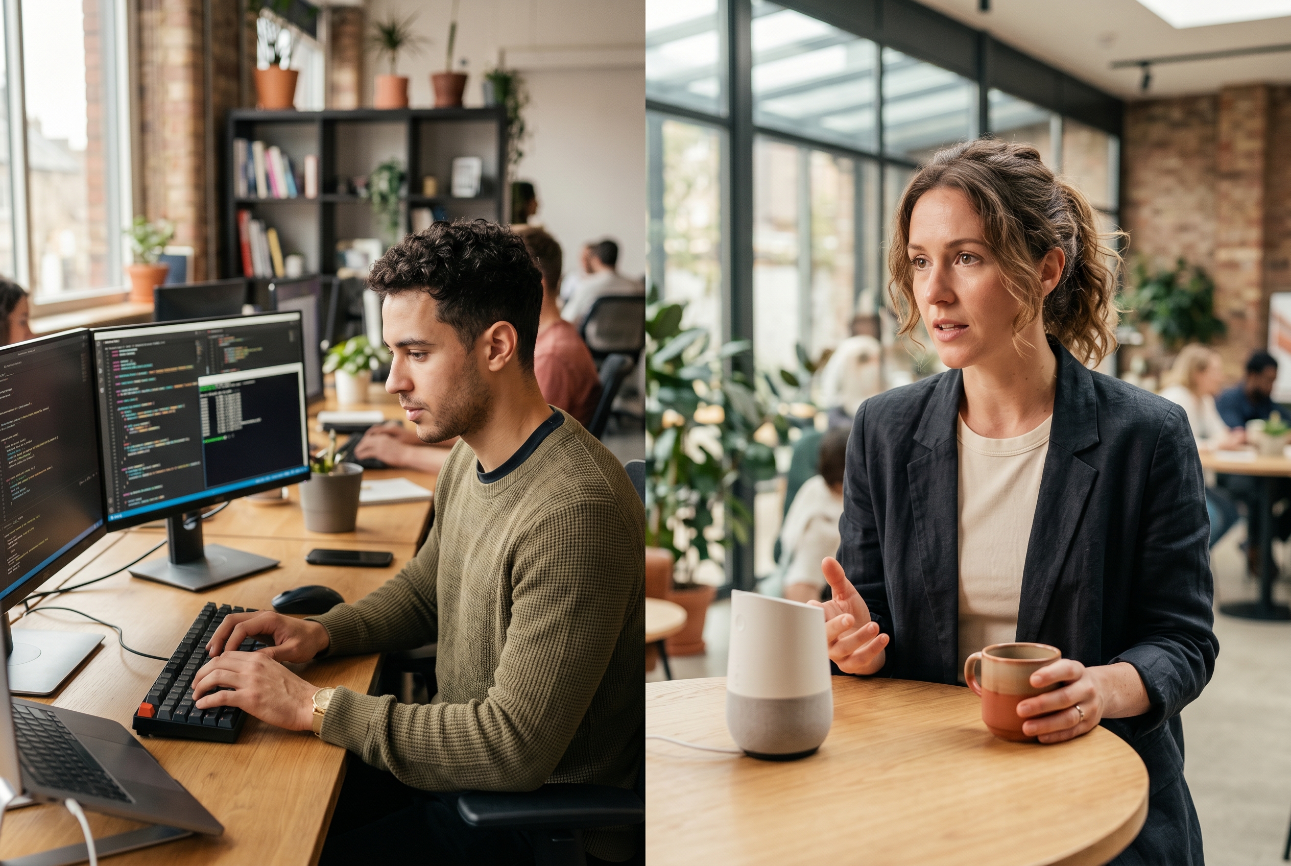 Split screen showing a developer typing custom code on the left and an entrepreneur describing their business idea to an AI assistant on the right