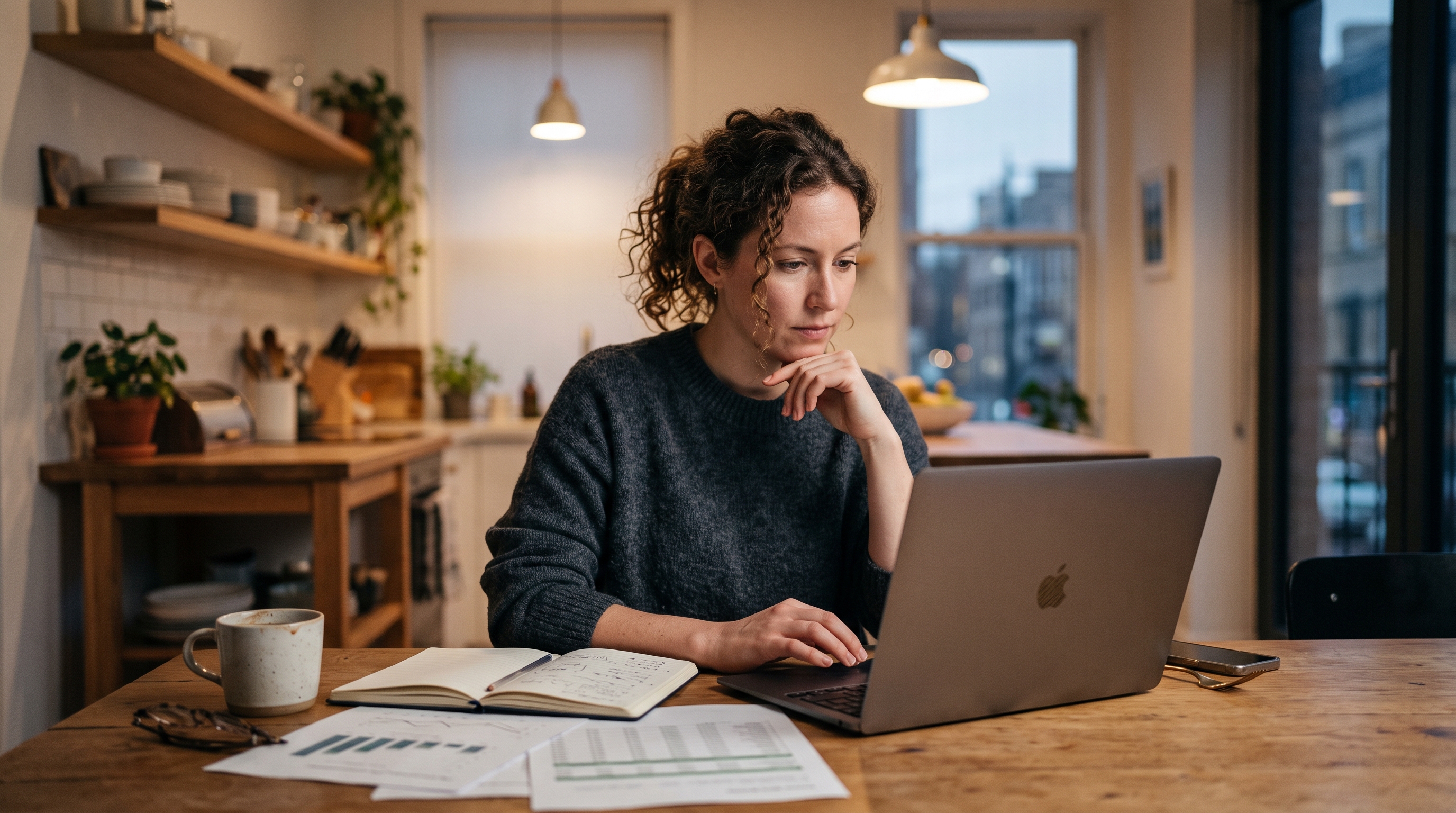 Small business owner reviewing a developer quote on a laptop at a kitchen table with coffee and paperwork