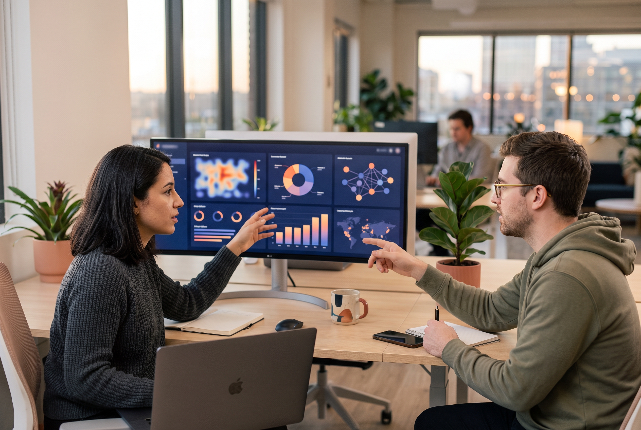 Two developers comparing code and a store dashboard on a wide monitor in a modern office at golden hour