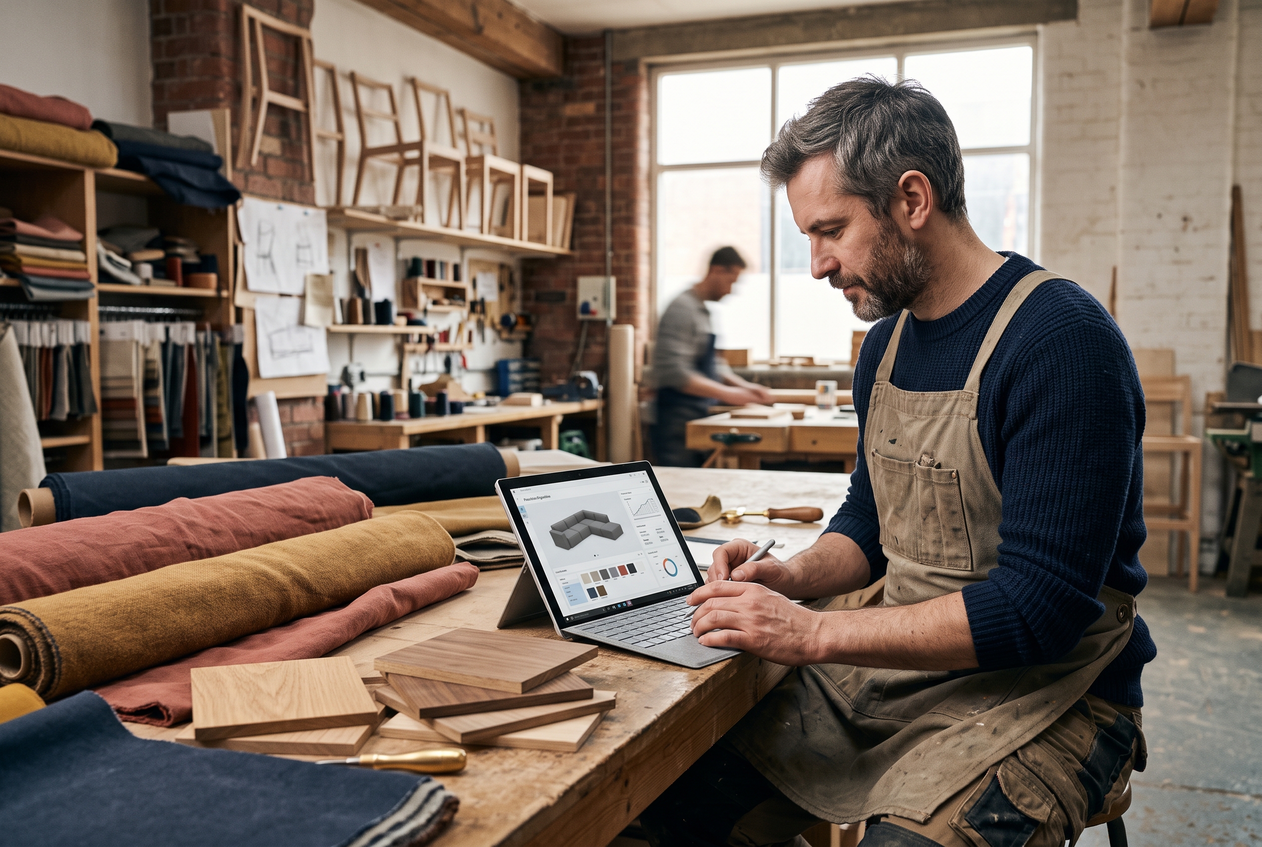 Furniture maker configuring product options on a tablet in a workshop surrounded by fabric samples and wood swatches