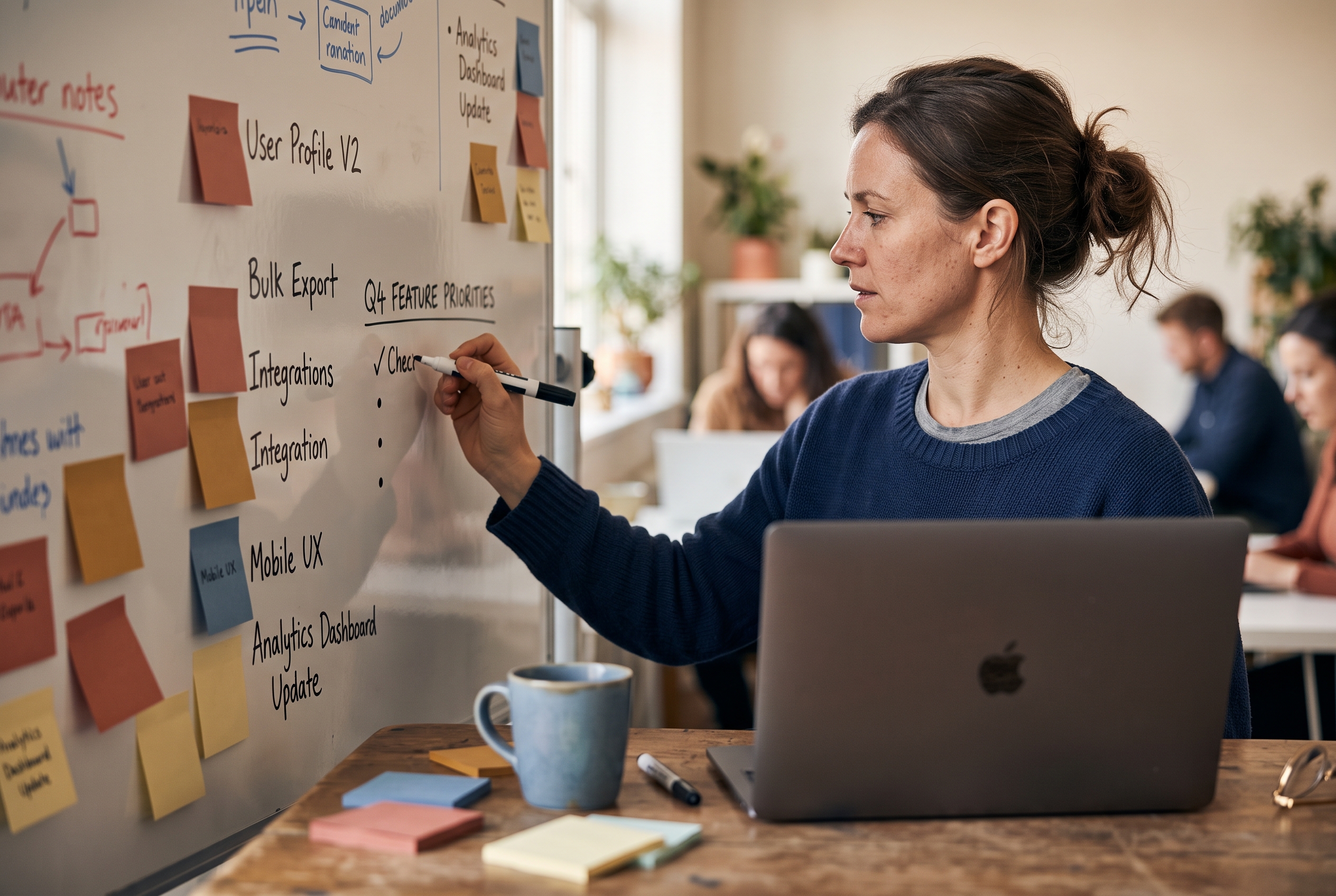Founder sketching a feature decision list on a whiteboard in a small office with sticky notes and a laptop nearby