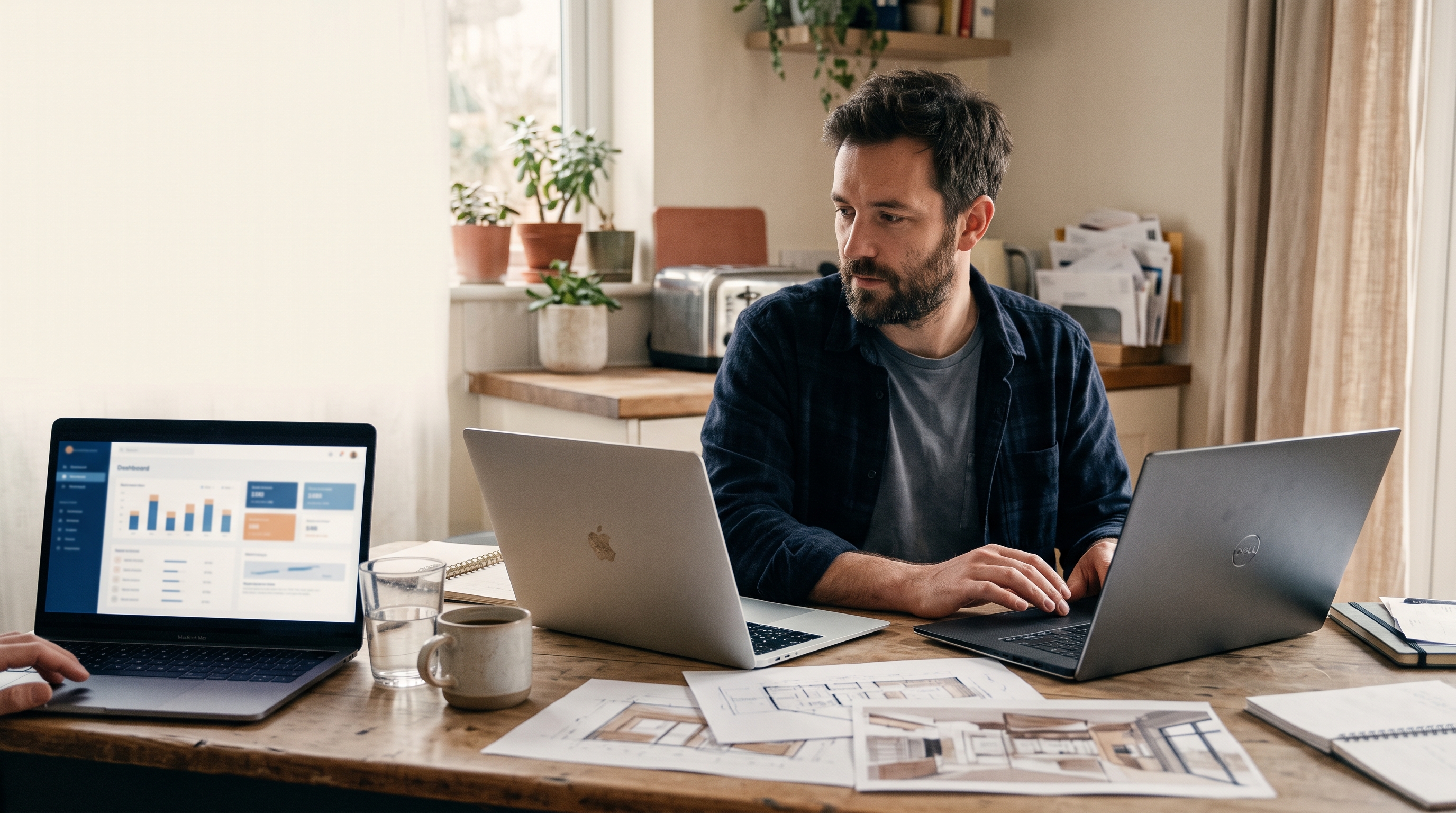 Small business owner comparing two laptops at a kitchen table while reviewing store mockups in the morning