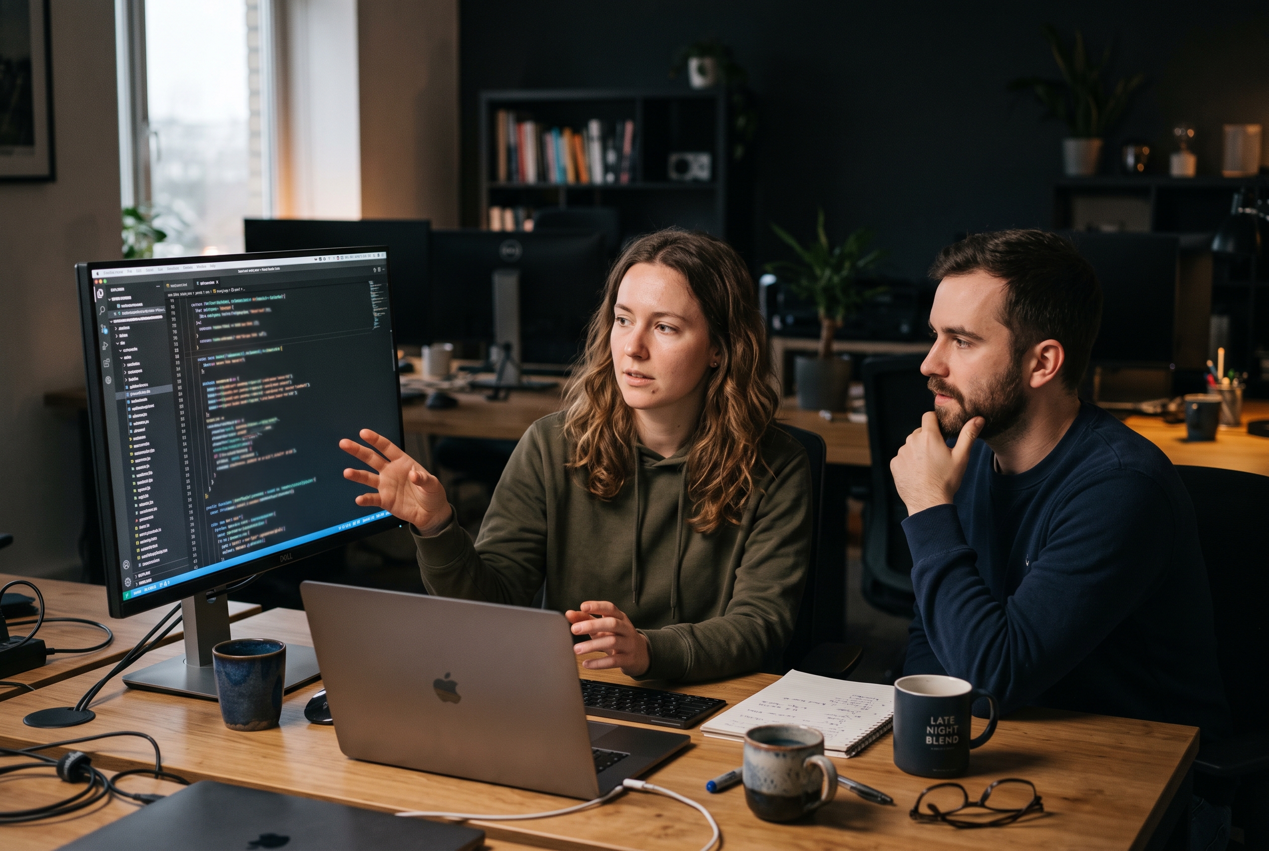 Two developers reviewing code on a large monitor in a dim office late at night with coffee cups nearby