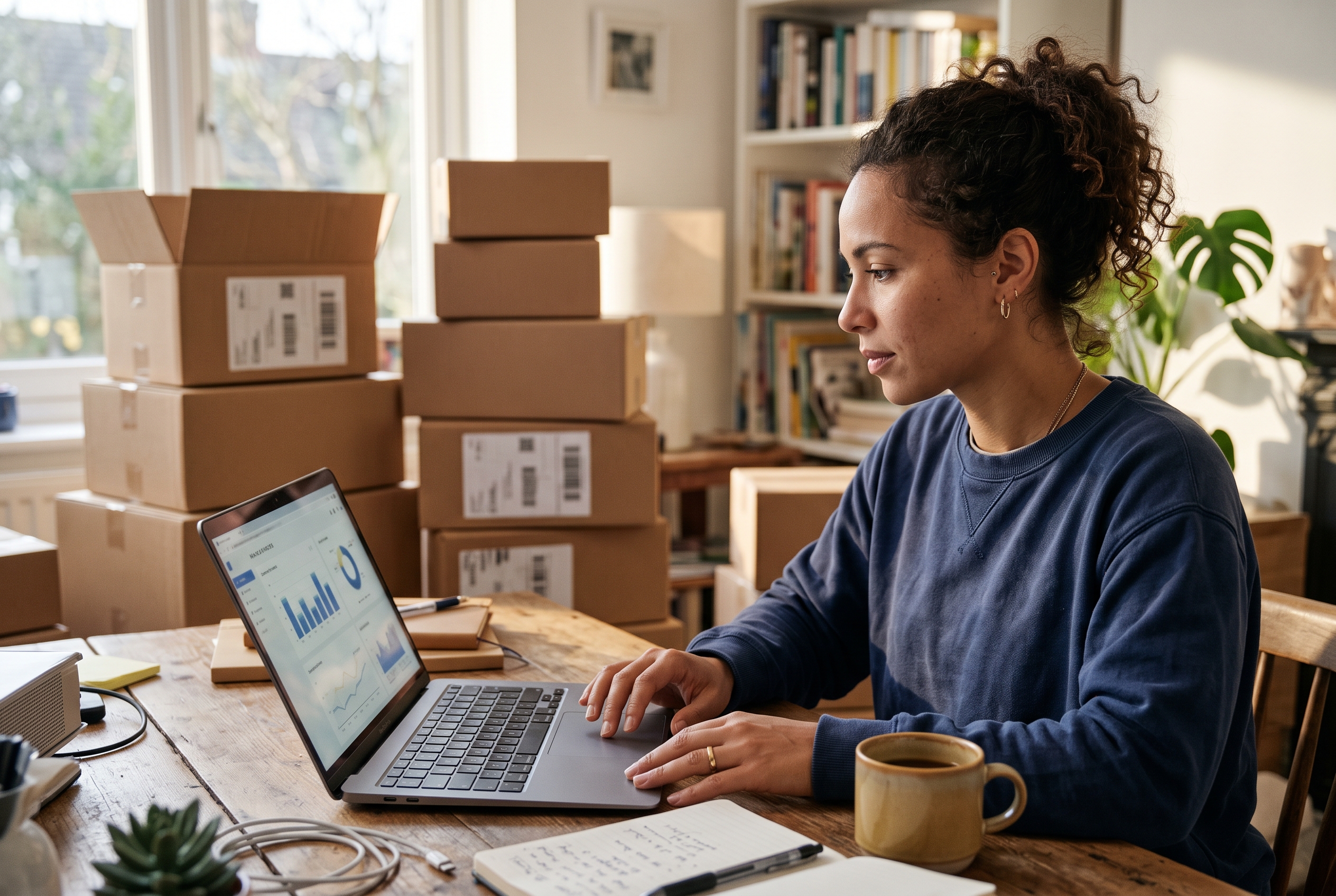 Founder reviewing store analytics on a laptop in a sunlit home office with packed shipping boxes stacked behind her