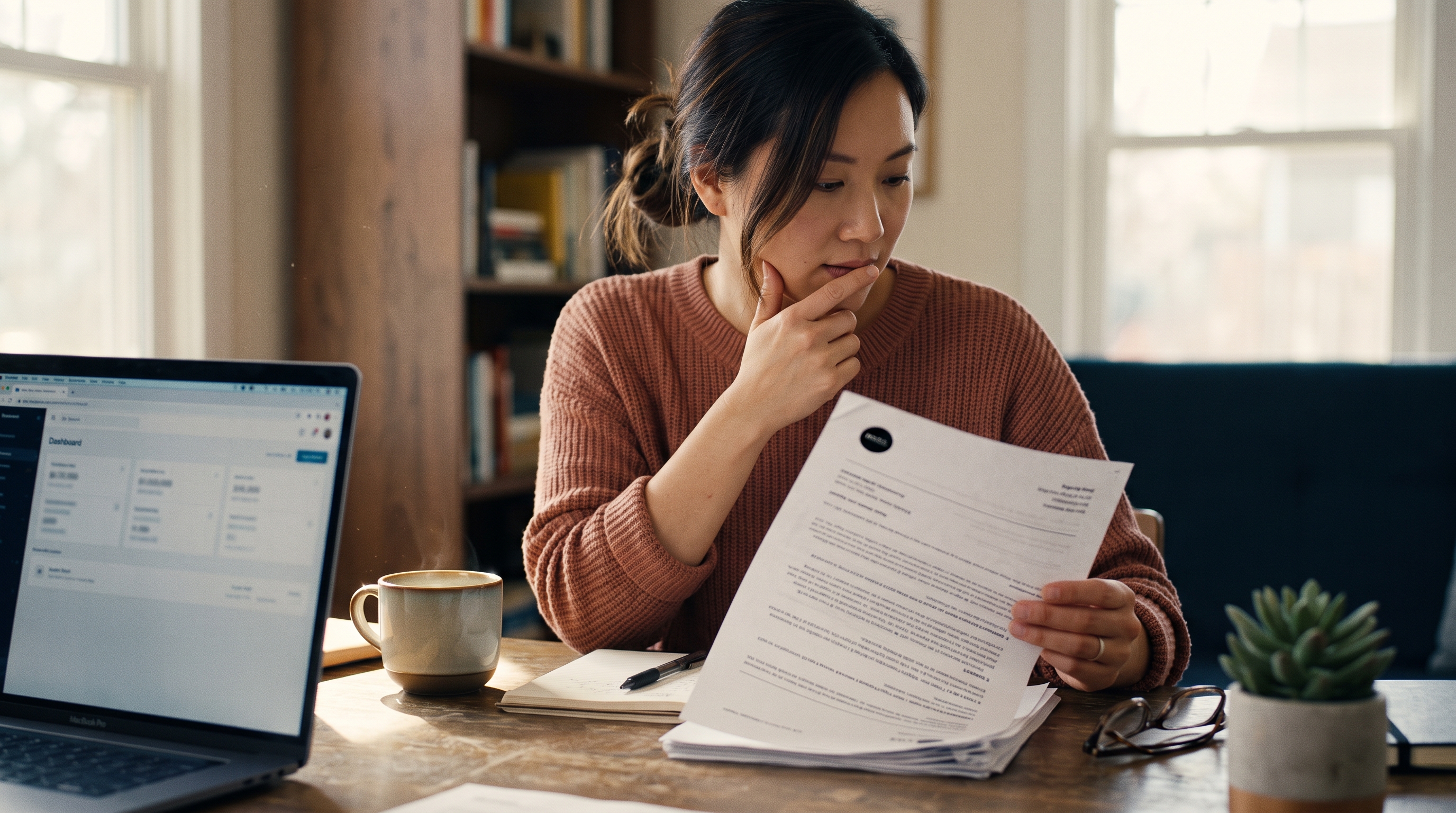 Small business owner reviewing a printed agency quote at a desk with a laptop and coffee in a home office