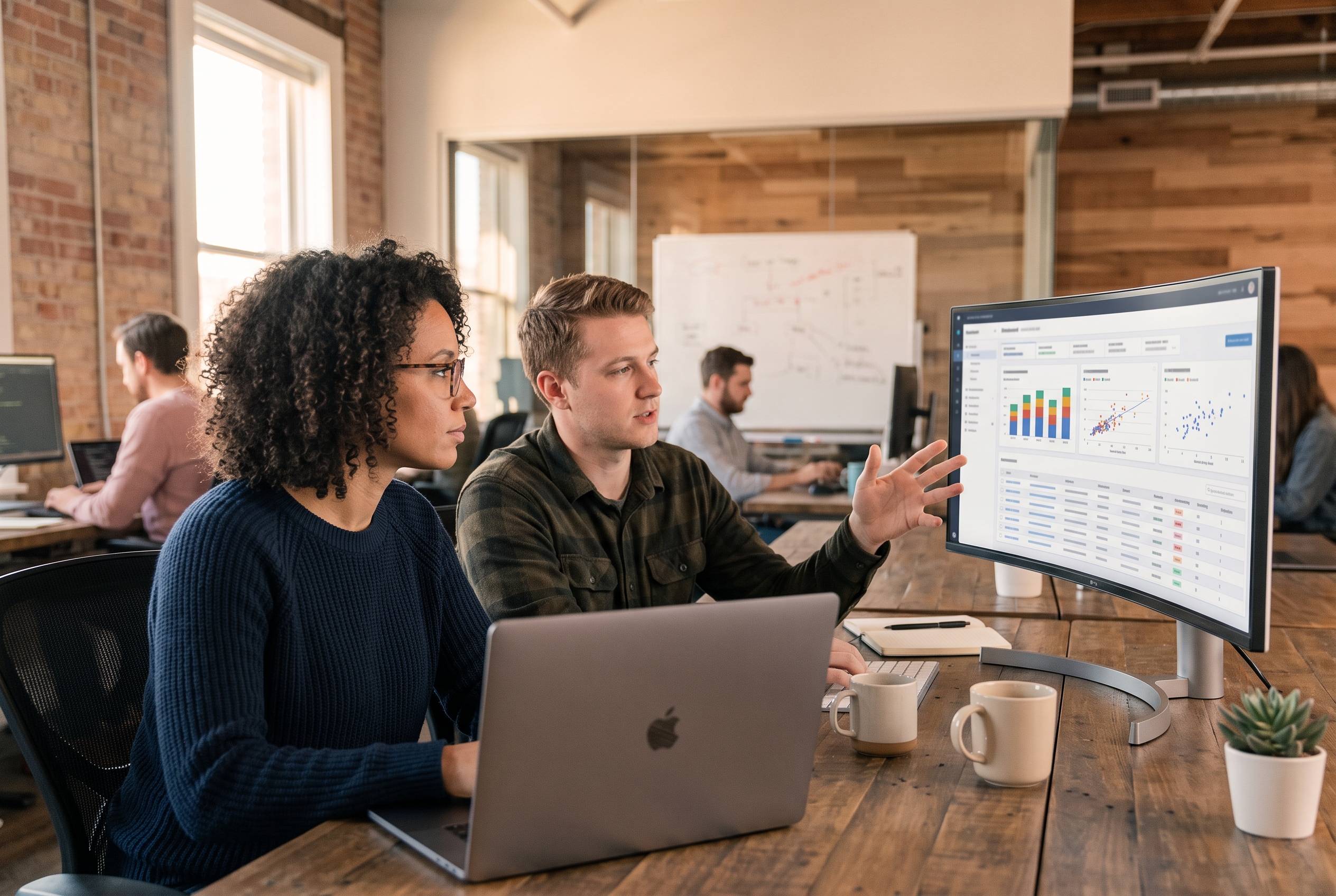 Two developers comparing project line items on a wide monitor in a modern office at golden hour