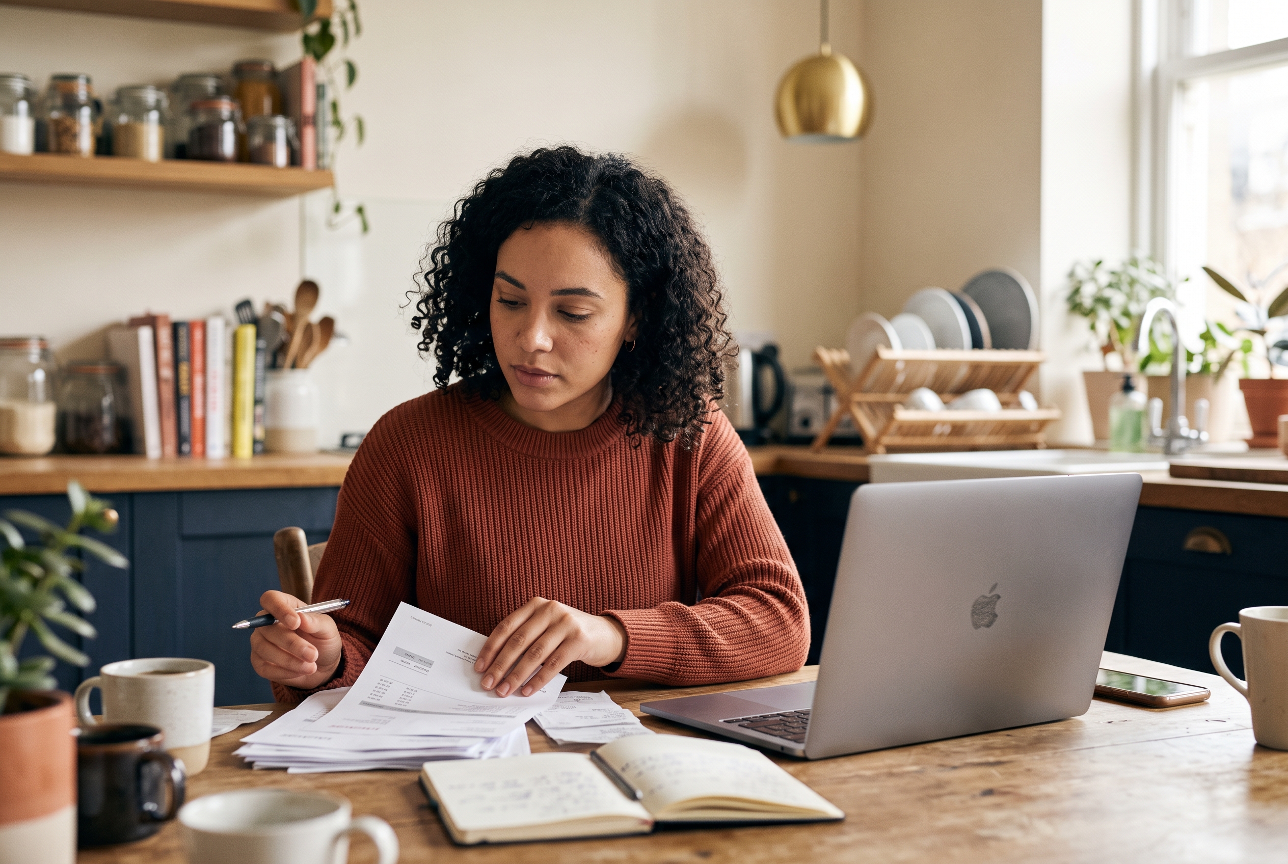 Founder examining a stack of monthly invoices on a kitchen table with a laptop showing a store dashboard