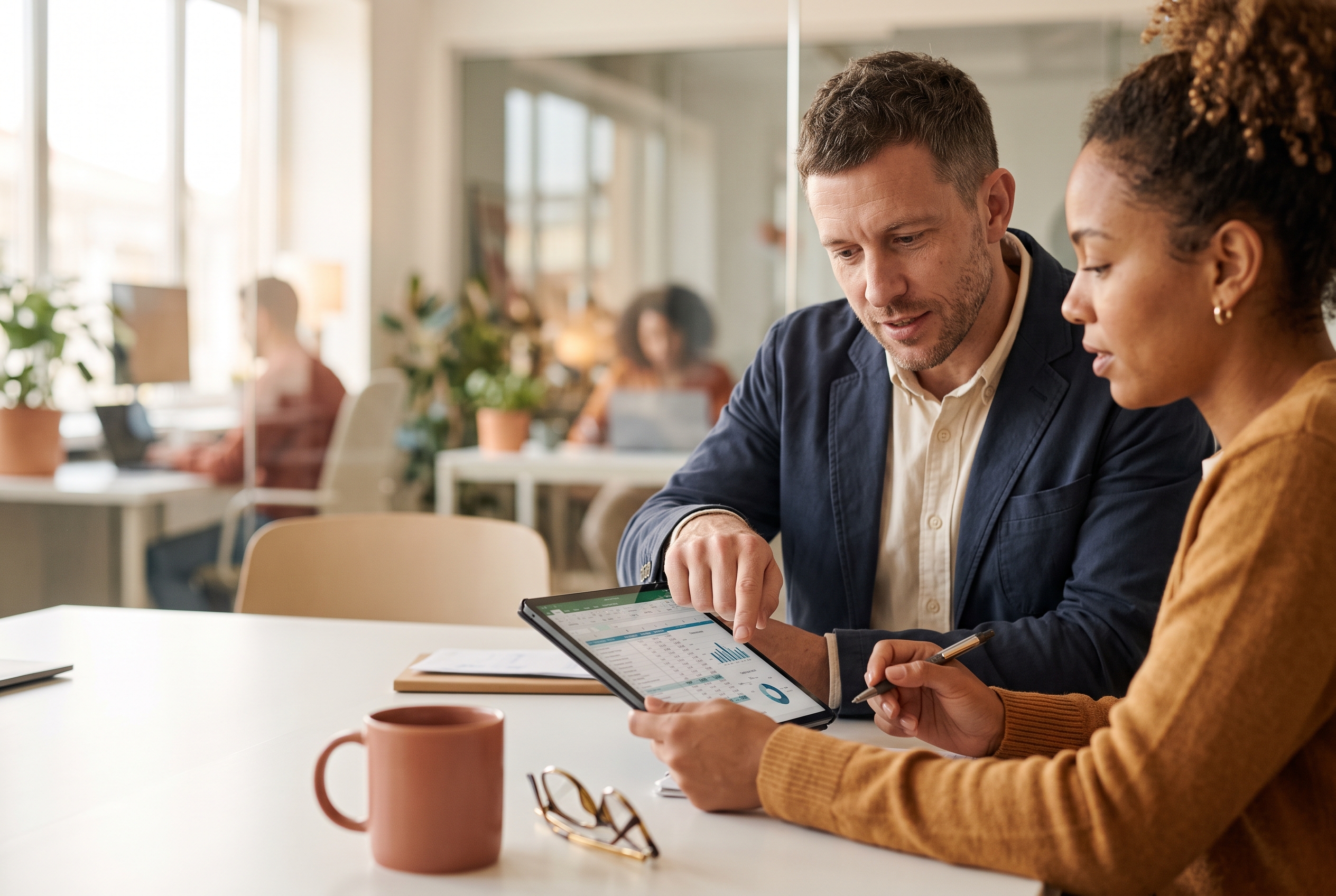 Founder and bookkeeper reviewing a budget spreadsheet on a tablet across a bright conference table