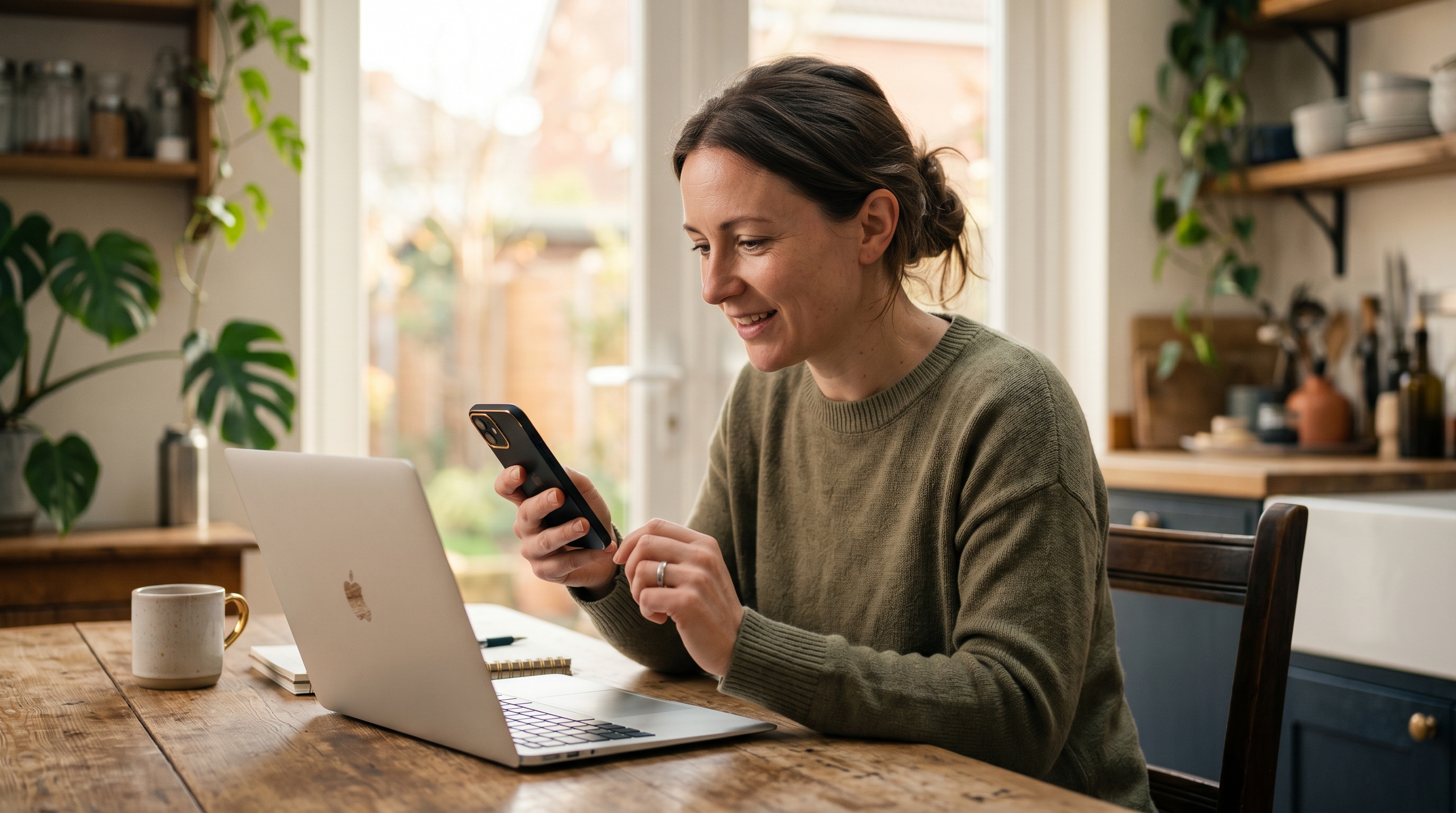 Creator at a kitchen table checking a new sale notification on her phone with a laptop open beside her