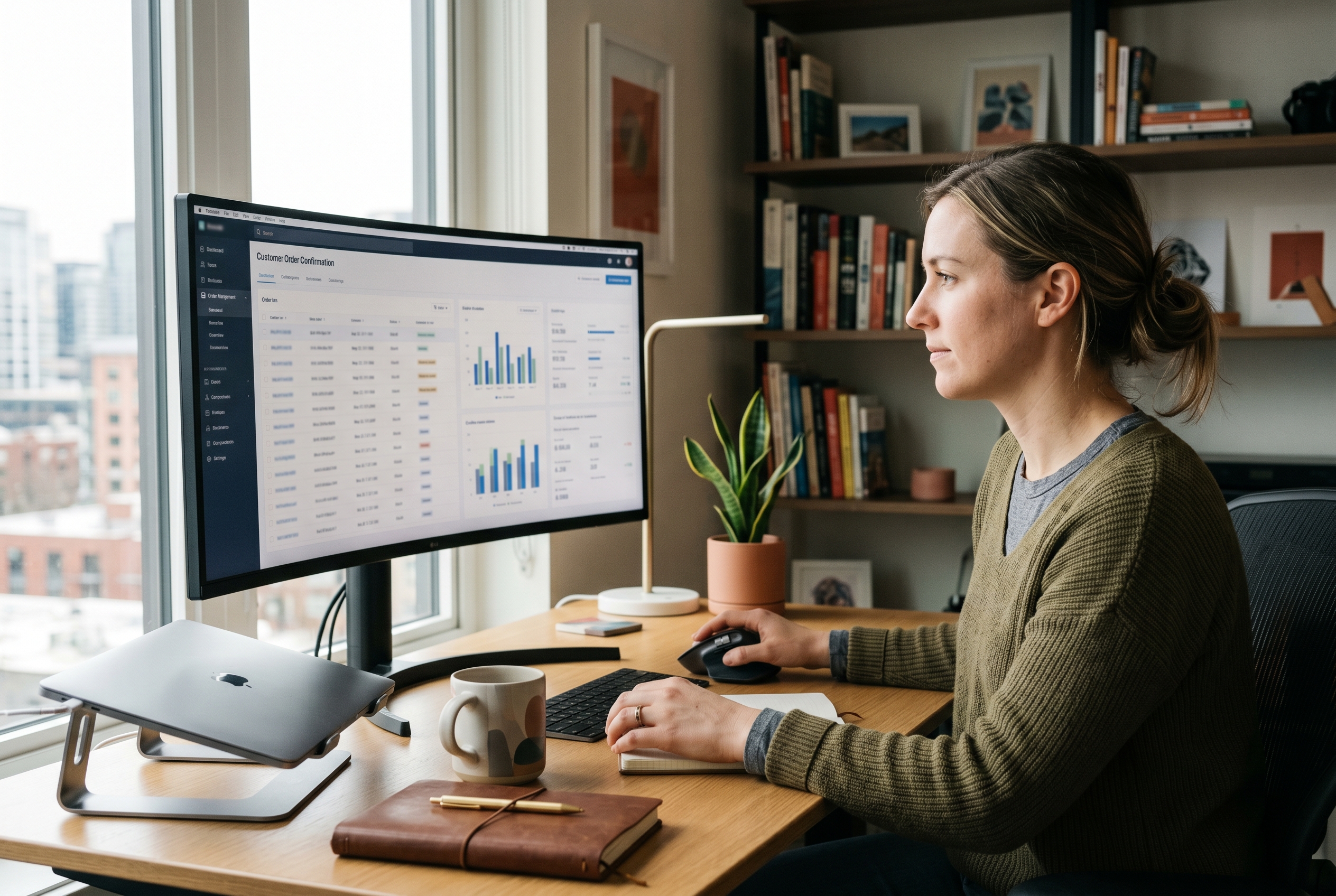 Designer reviewing a customer order confirmation screen on a wide monitor in a tidy home studio