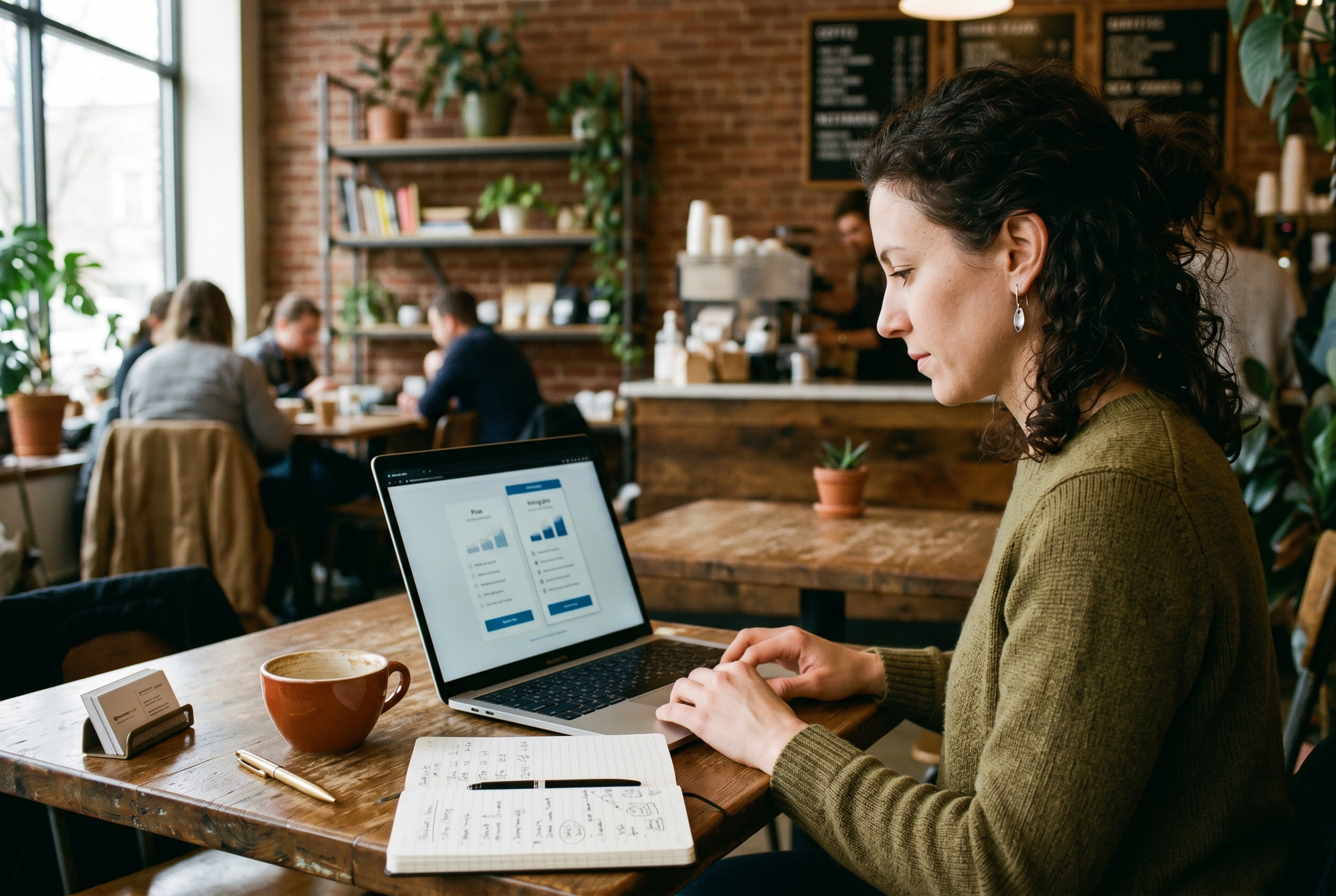 Small business owner comparing two pricing pages on a laptop at a coffee shop with a notebook of figures