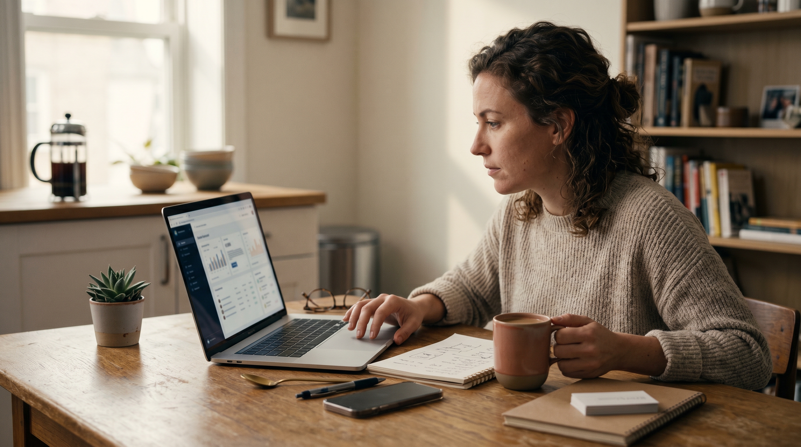 Small business owner studying her new website on a laptop at a kitchen table with coffee and notebooks nearby
