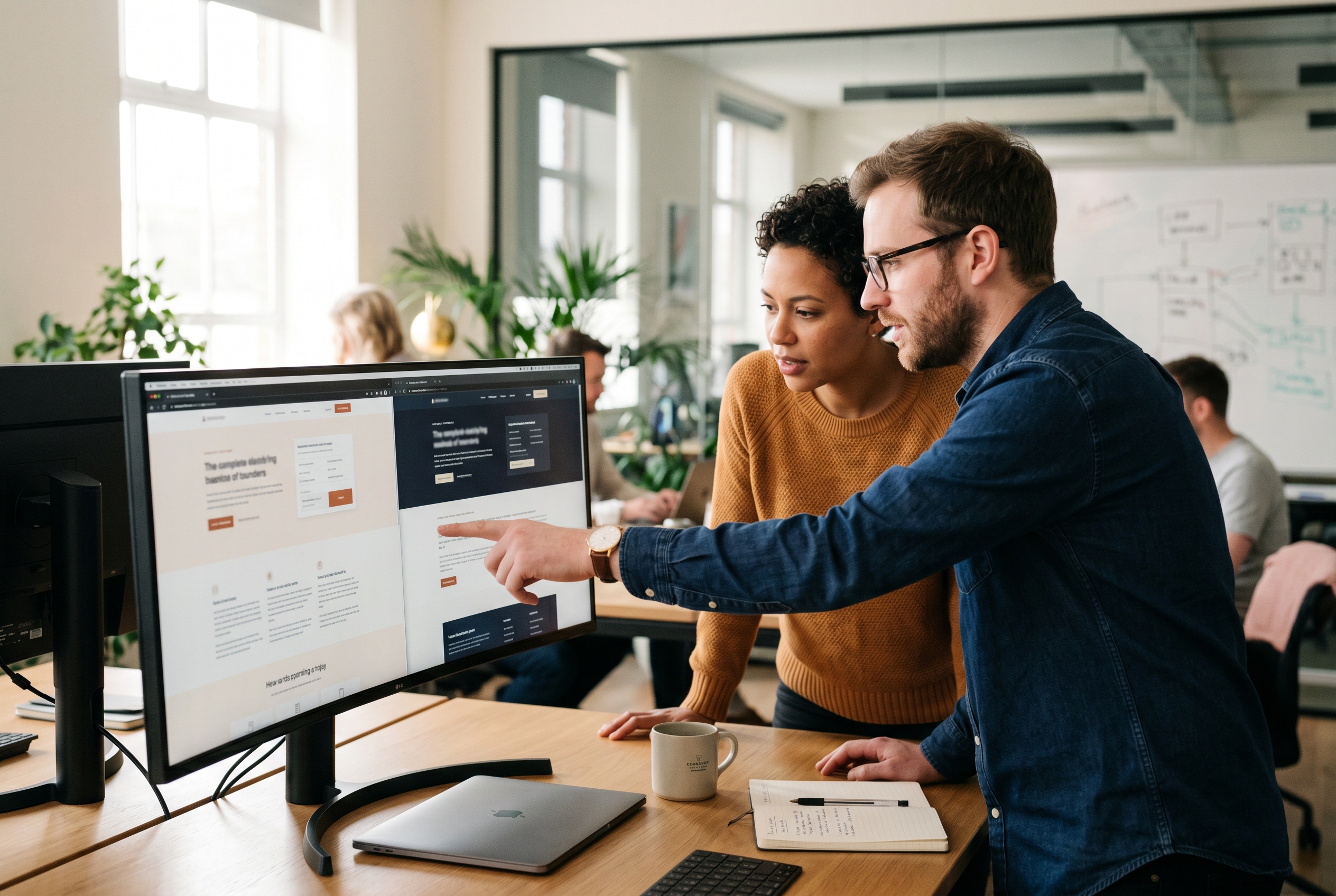 Two founders comparing two website versions side by side on a wide monitor in a bright modern office