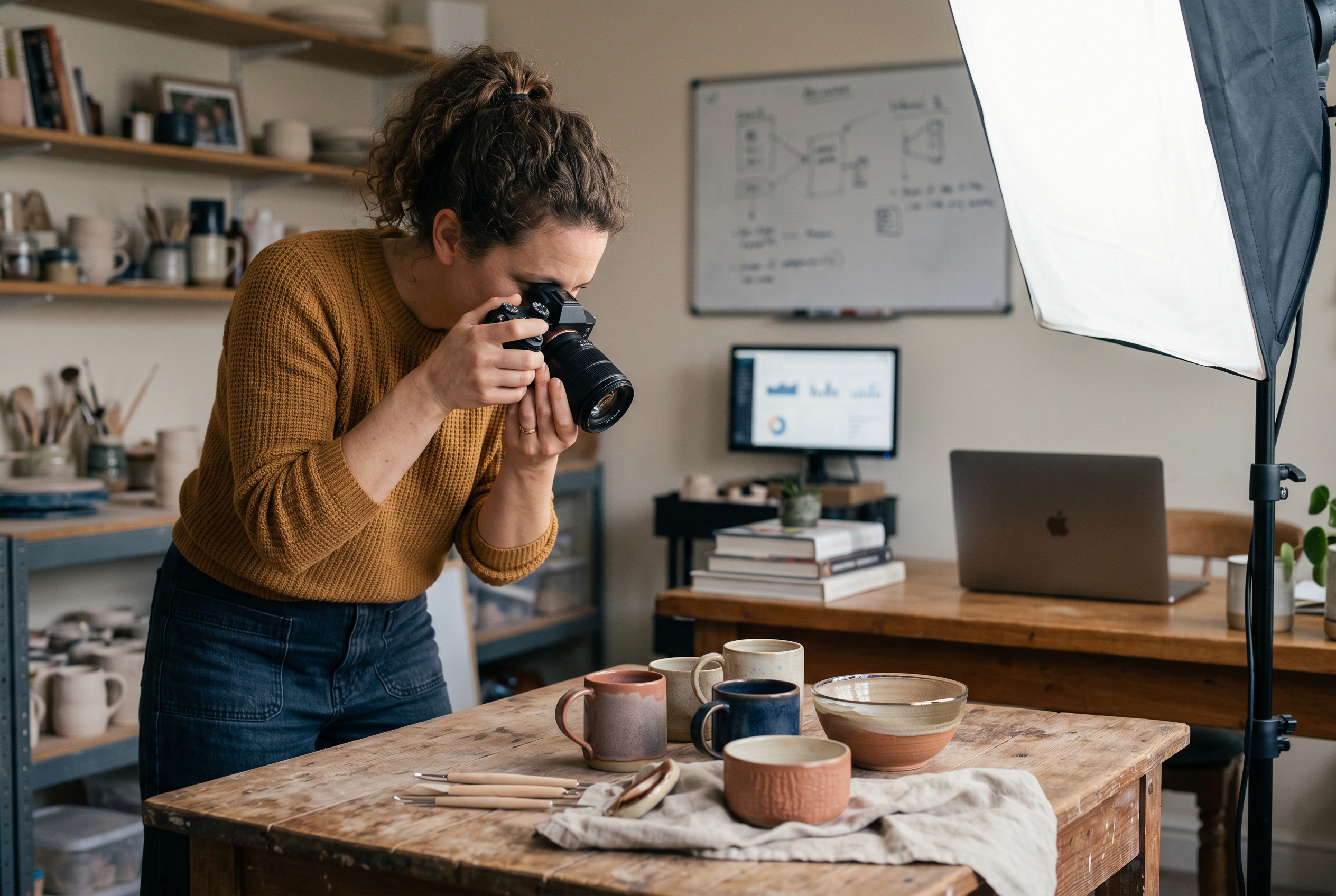 Founder photographing handmade products on a wooden table under a softbox light for her online store