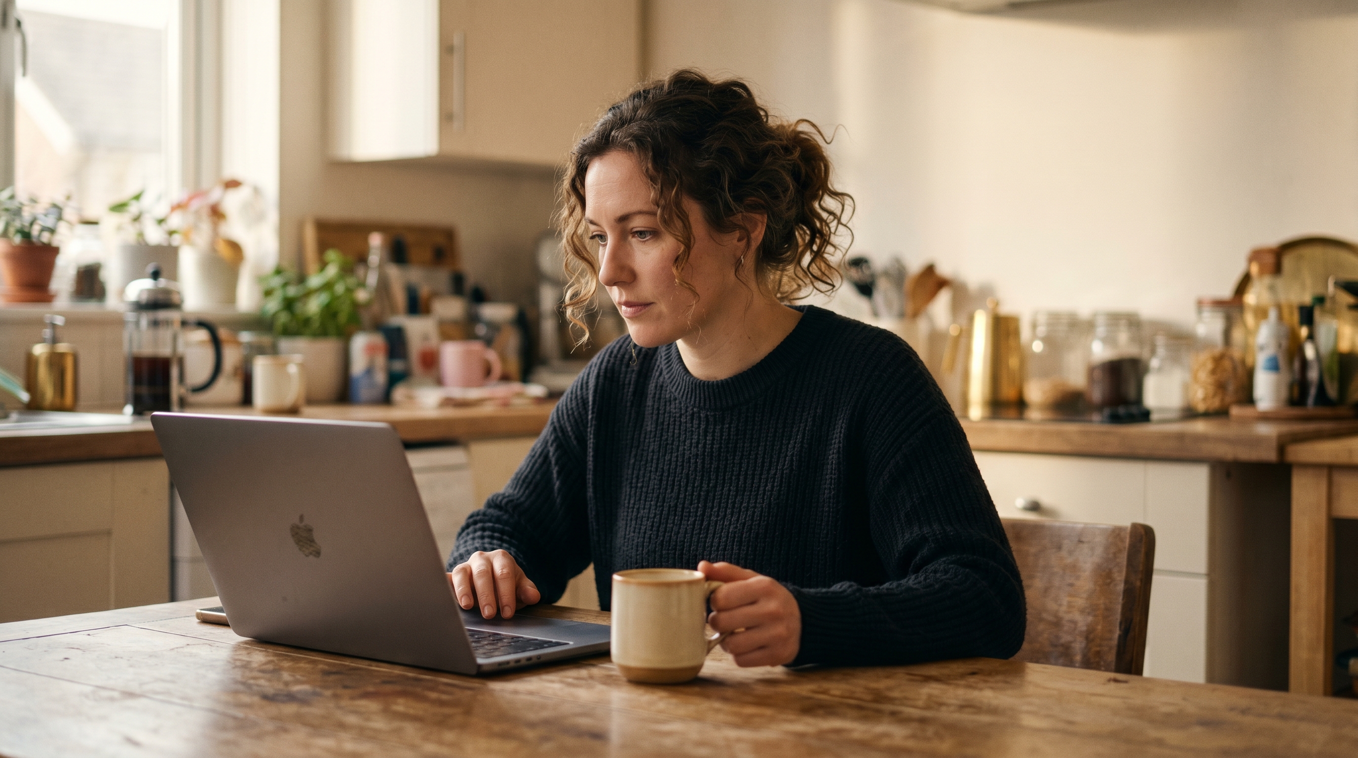Small business owner checking her store's Google ranking on a laptop at a kitchen table with a coffee mug nearby