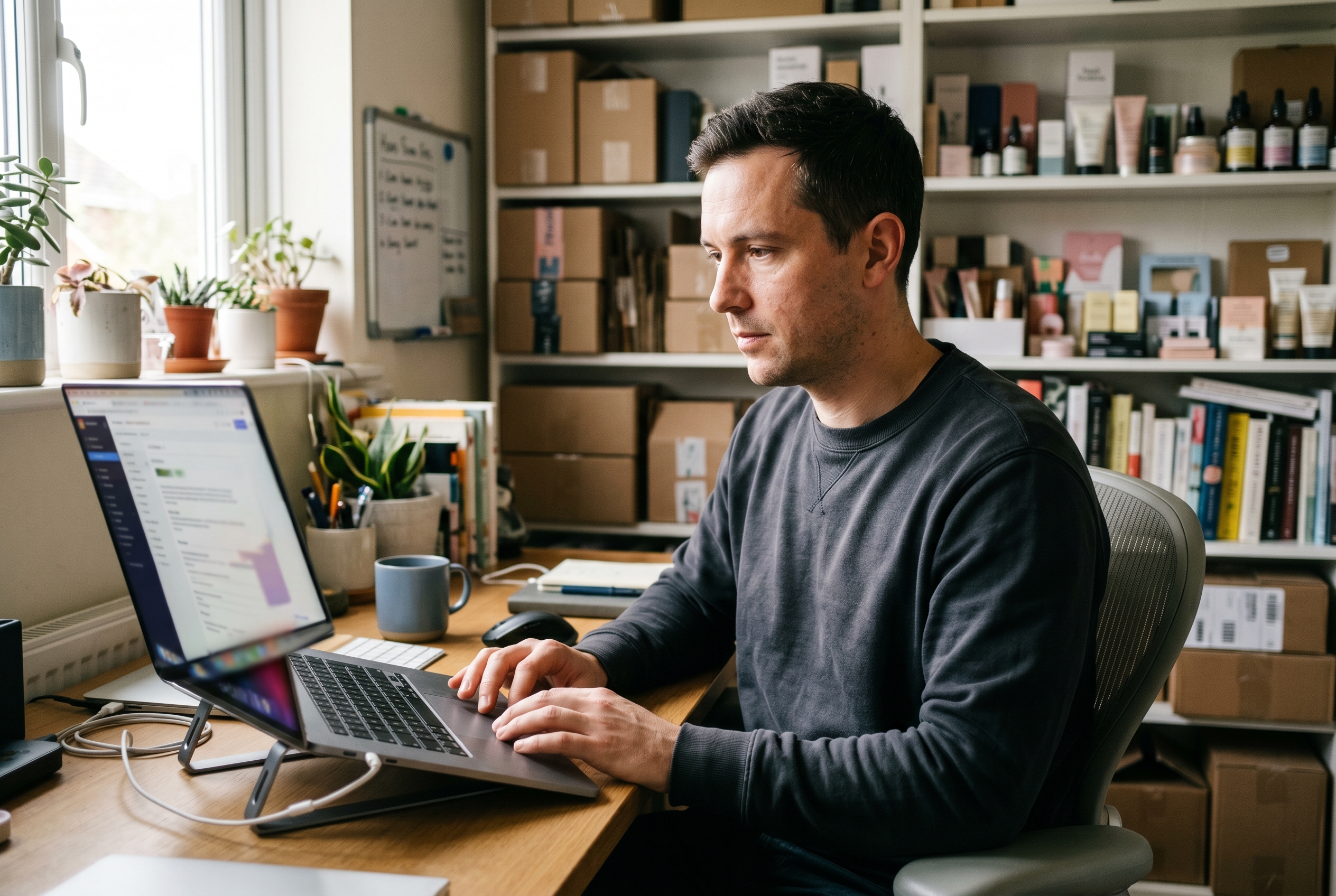 Founder editing product descriptions on a laptop in a home office with shelves of inventory behind him