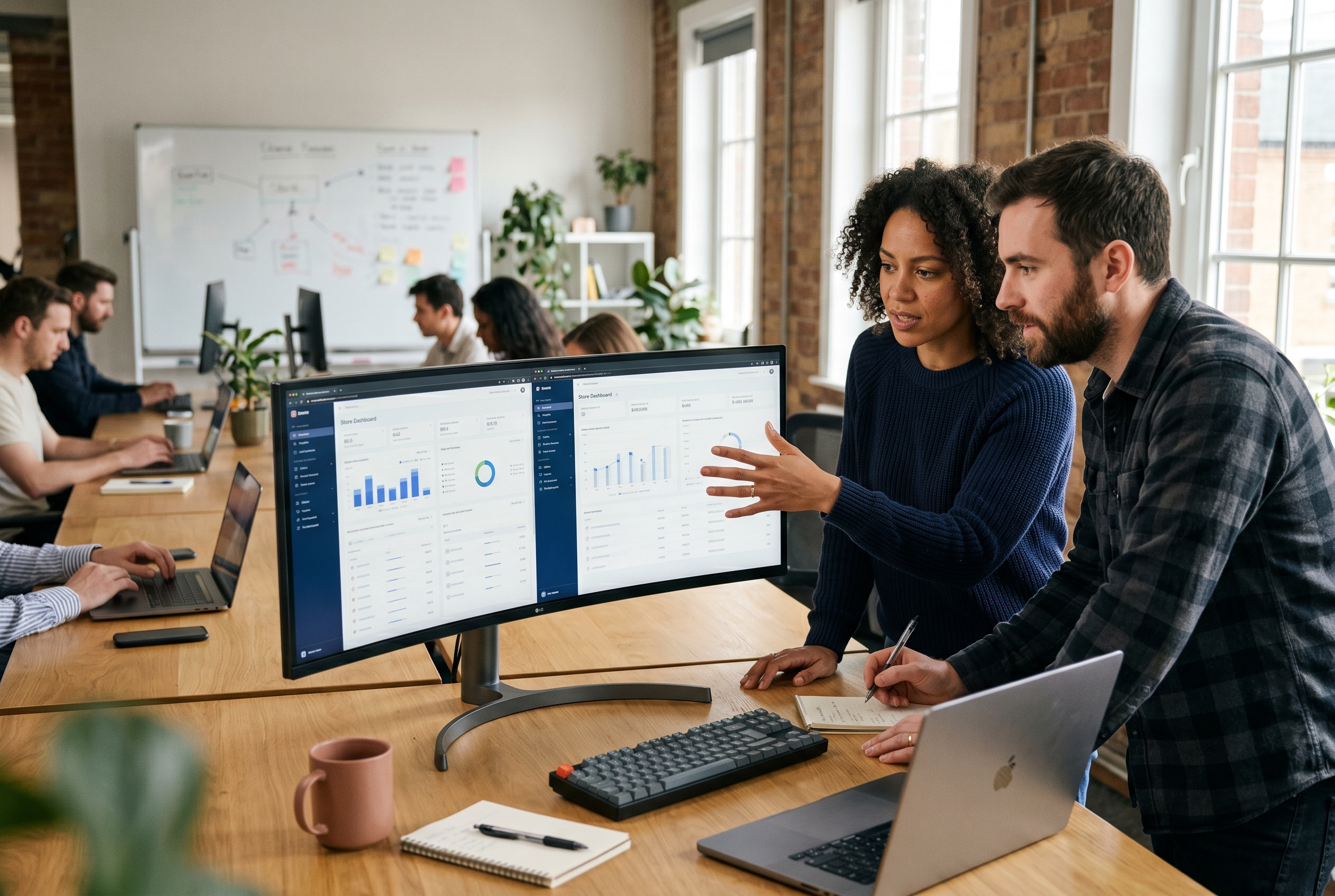 Two founders comparing two store dashboards side by side on a wide monitor in a bright office during the afternoon