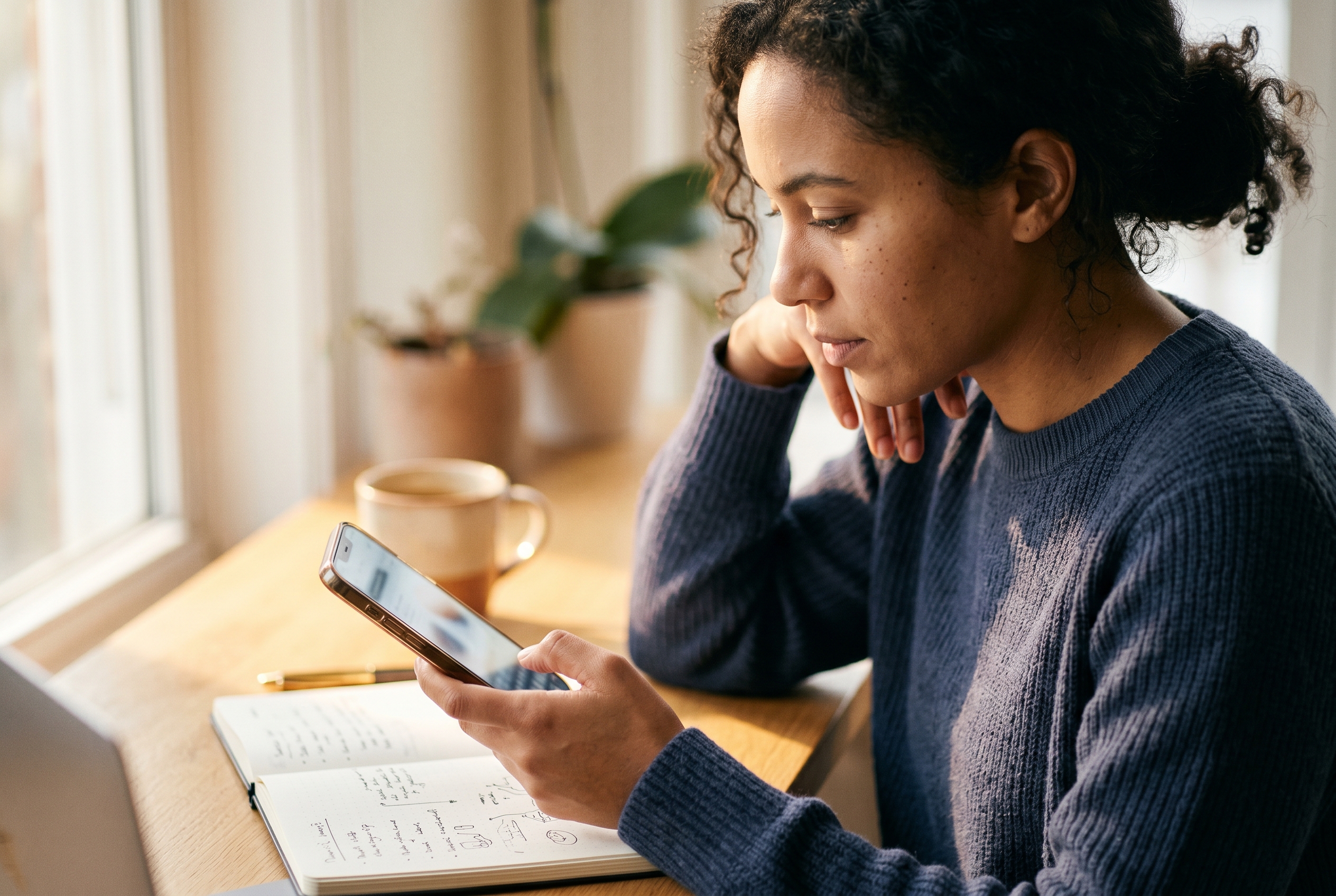 Online seller reviewing an SEO checklist on her phone over morning coffee at a sunlit desk with a notebook open