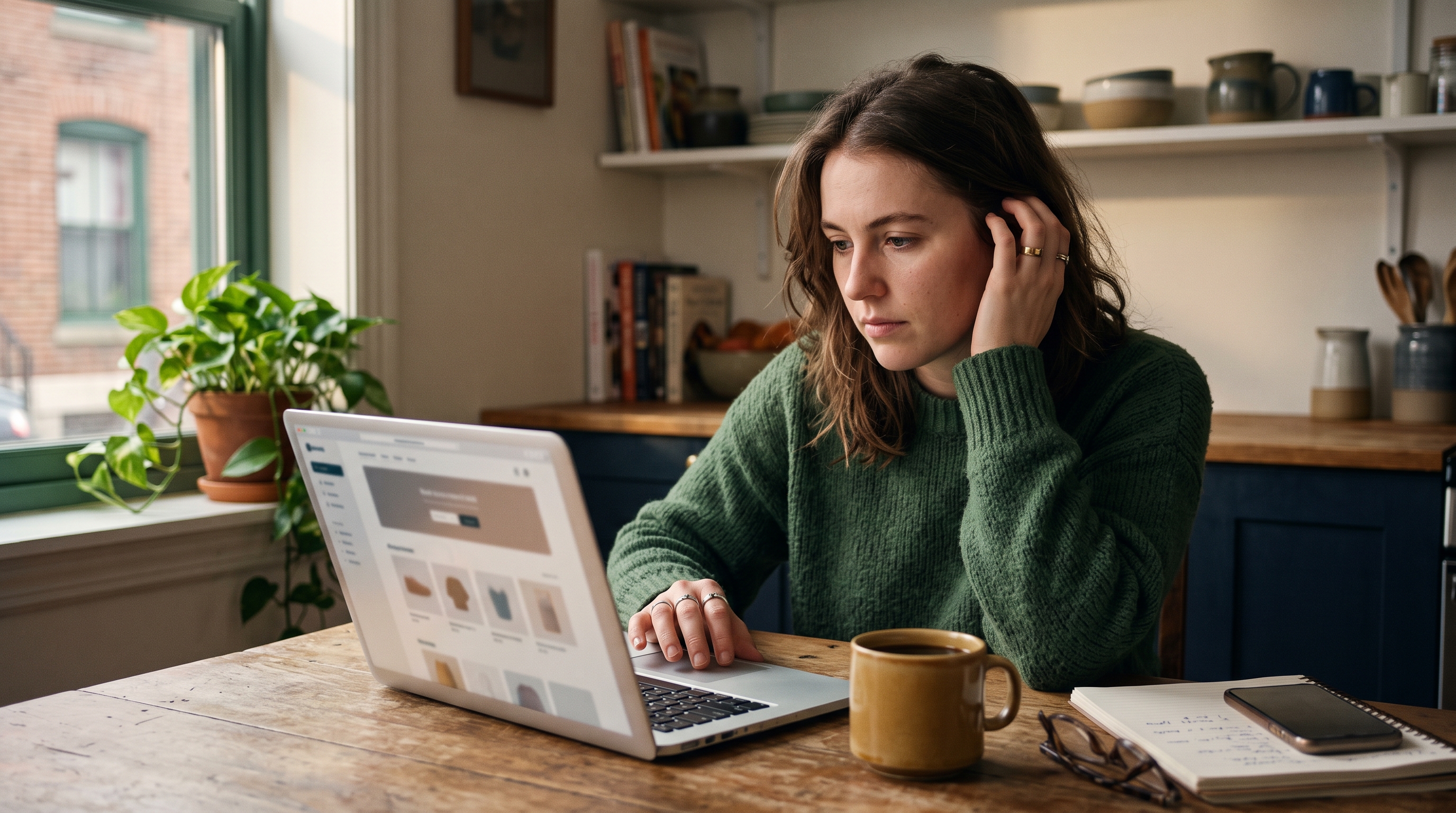 Small business owner sitting at a kitchen table with a laptop open to a half-built online store, coffee mug beside her