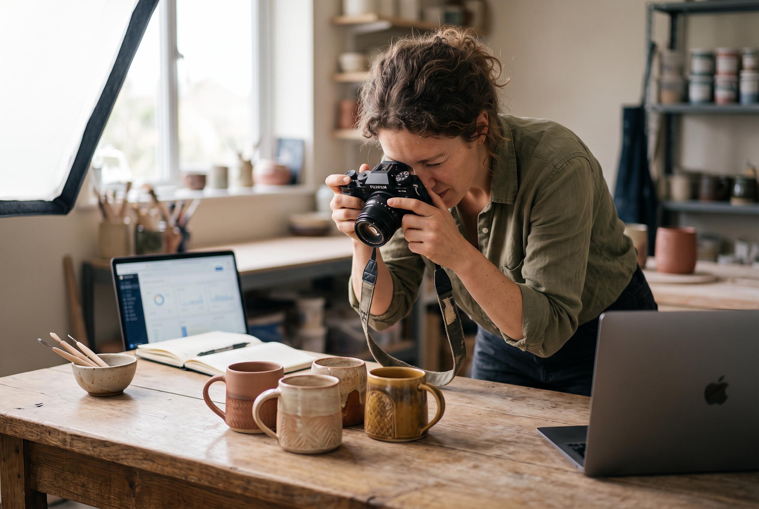 Founder photographing handmade ceramic mugs on a wooden table under a softbox light, ready to upload product photos