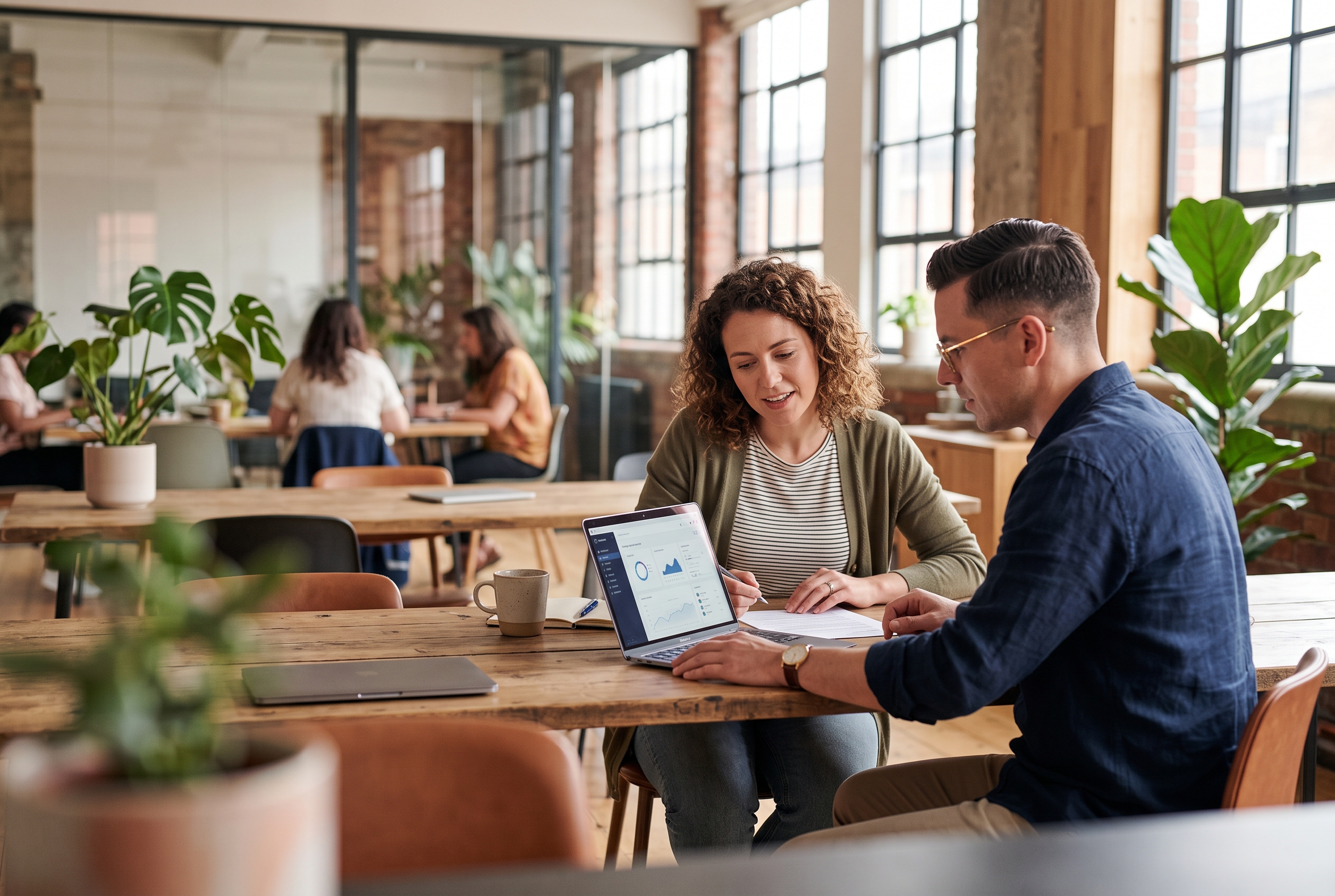 Two people reviewing a freelance contract and a laptop screen across a desk in a bright co-working space