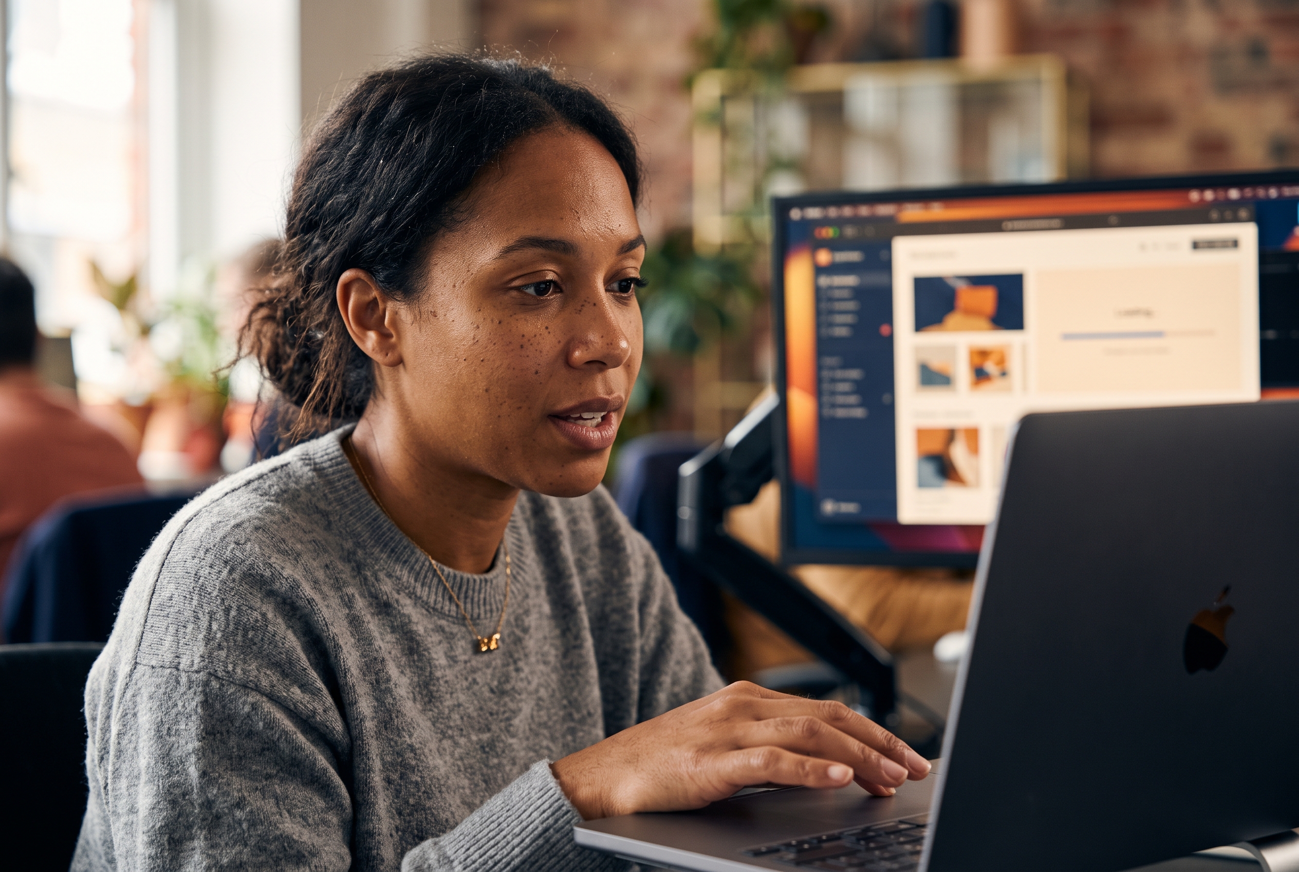 Entrepreneur describing her business to an AI tool on a laptop while a finished storefront loads on a second monitor