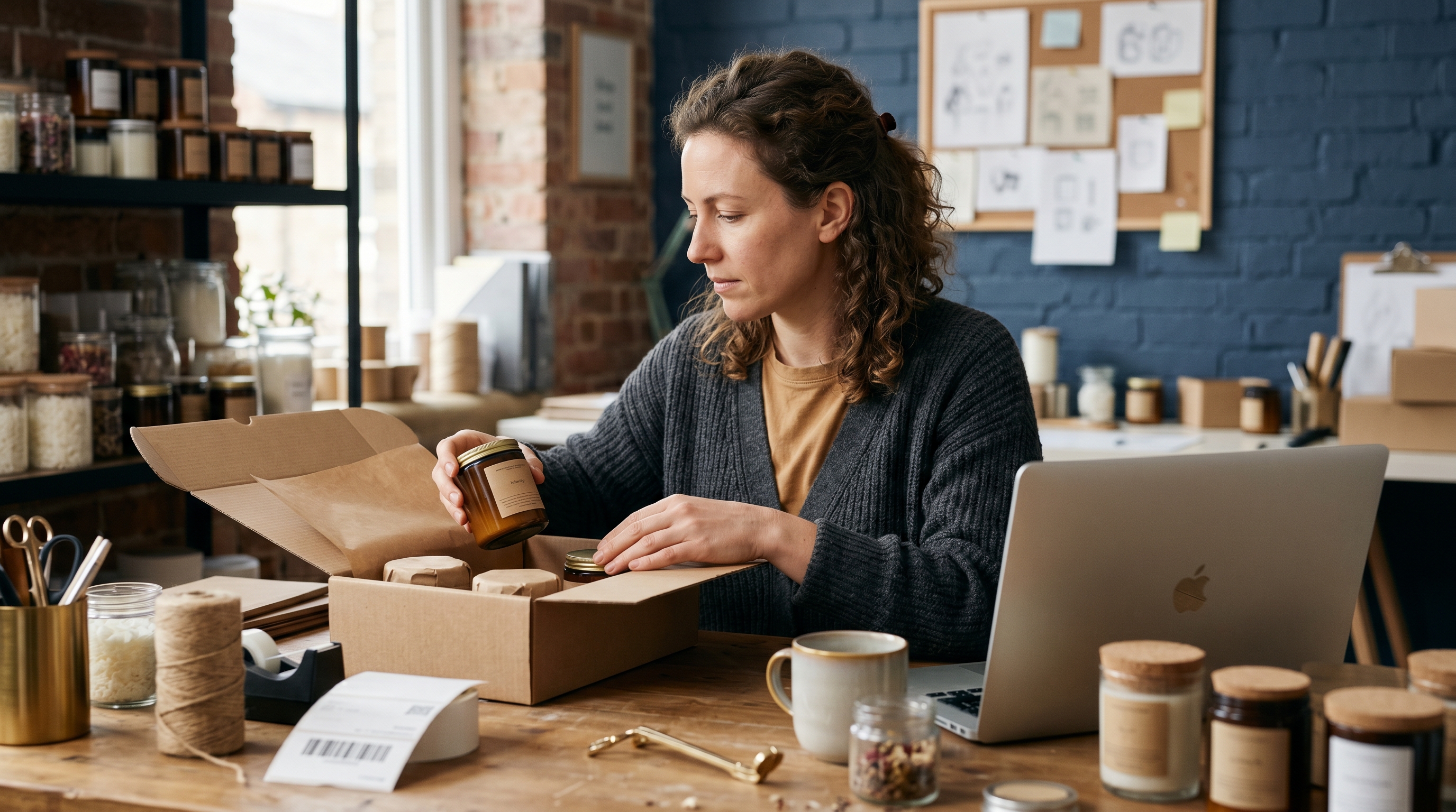 Small business owner packing handmade candles into a shipping box at a cluttered home studio desk