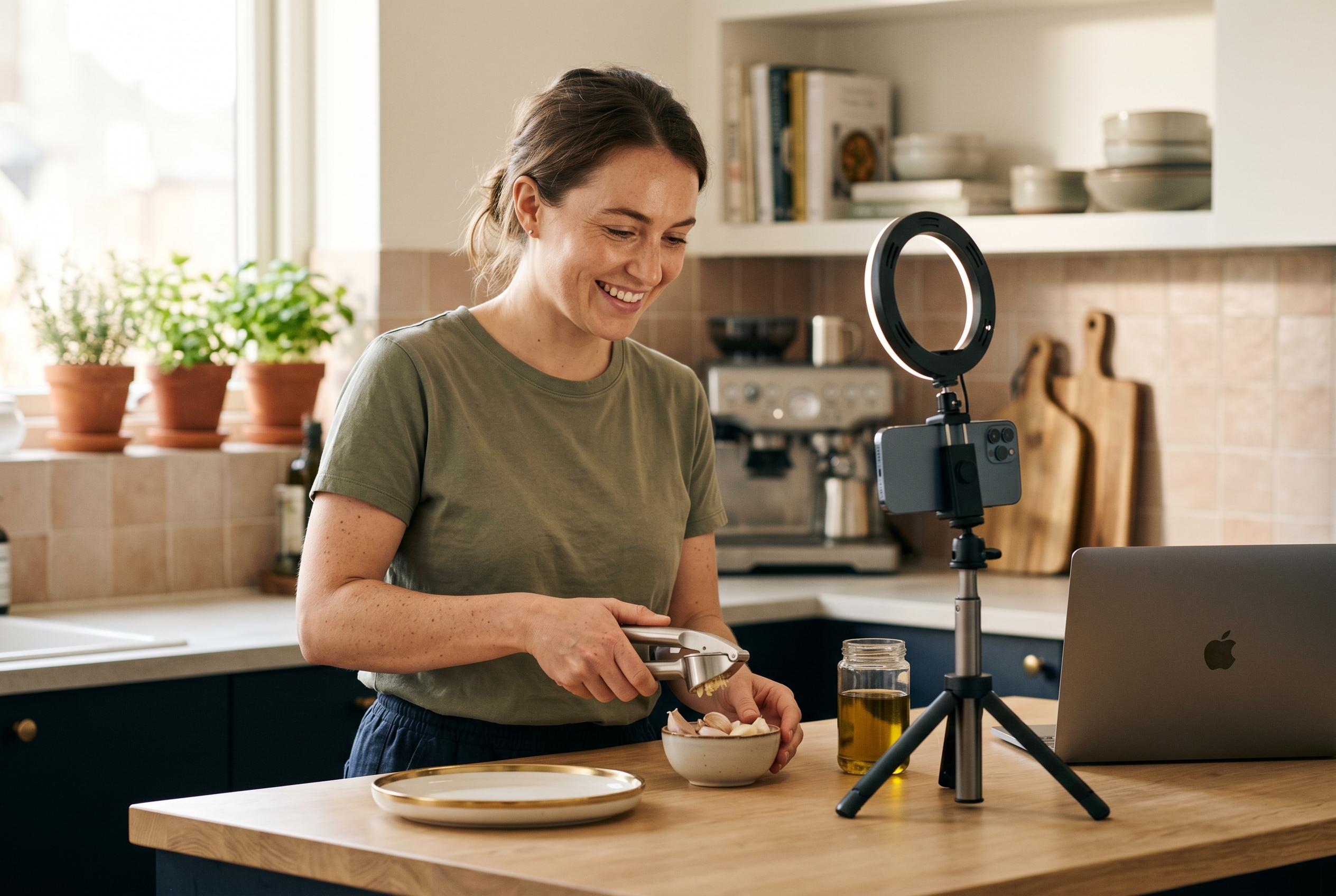 Content creator filming a product demo on a phone tripod with ring light in a bright apartment kitchen