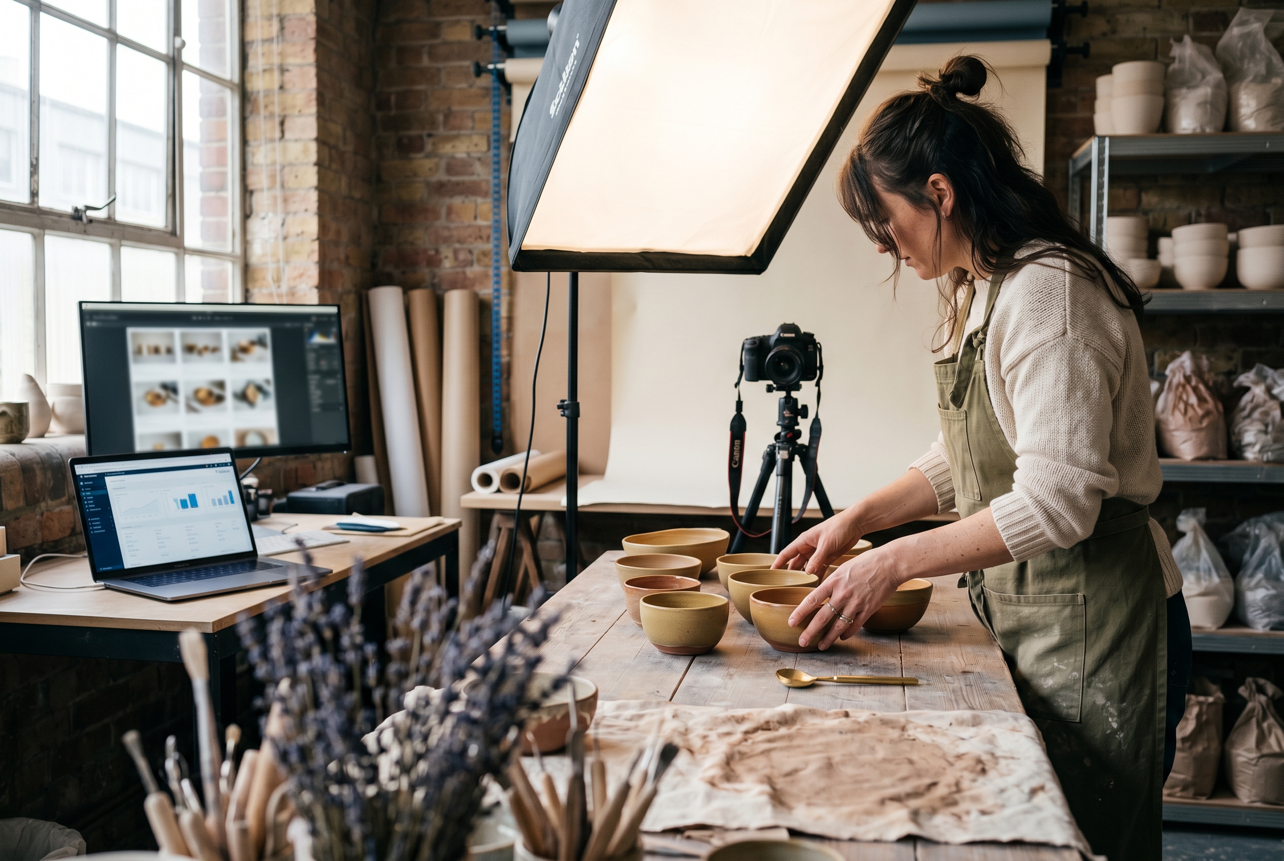Maker arranging ceramic bowls under a softbox light to photograph them for an online shop listing